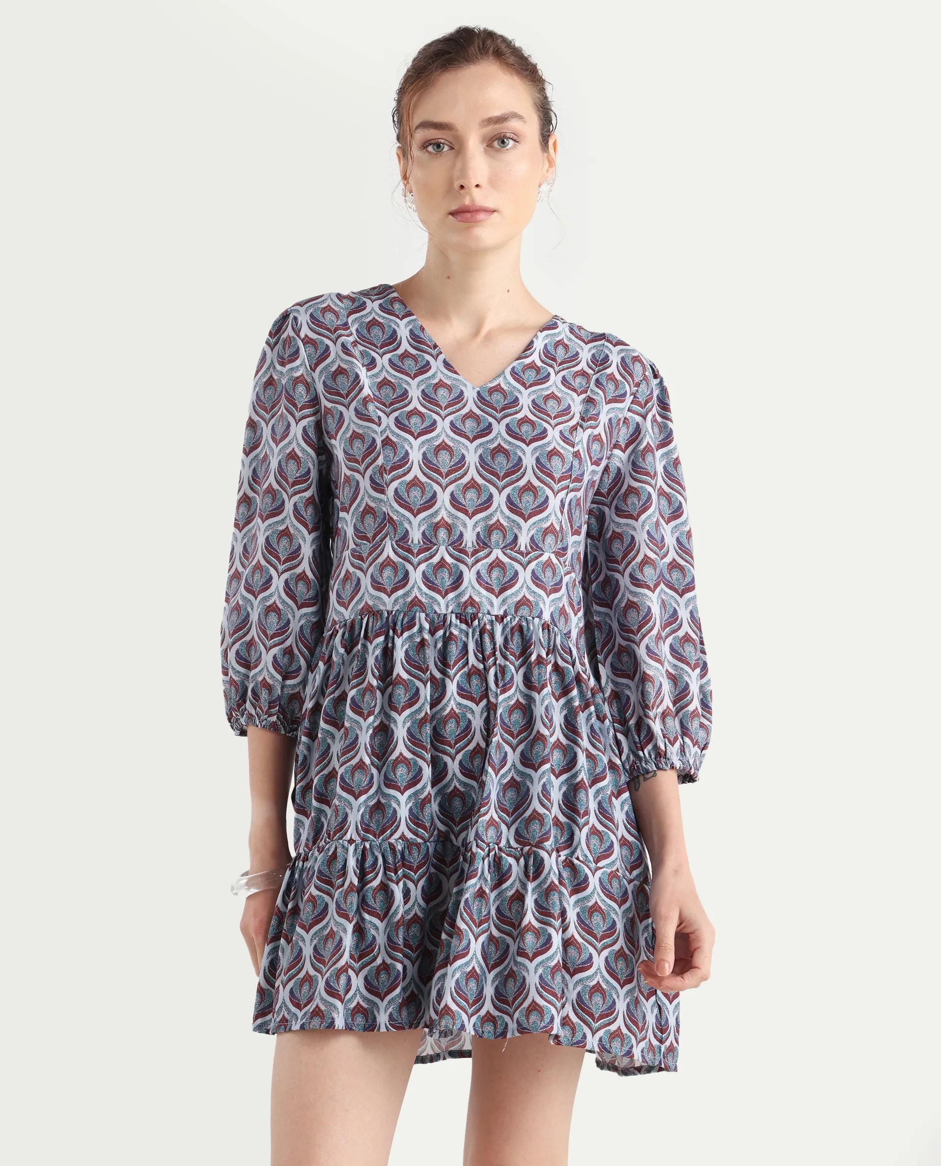 Rareism Women's Thecon Blue Polyester V-Neck Abstract Print Bishop Sleeve Mini Fit And Flare Dress