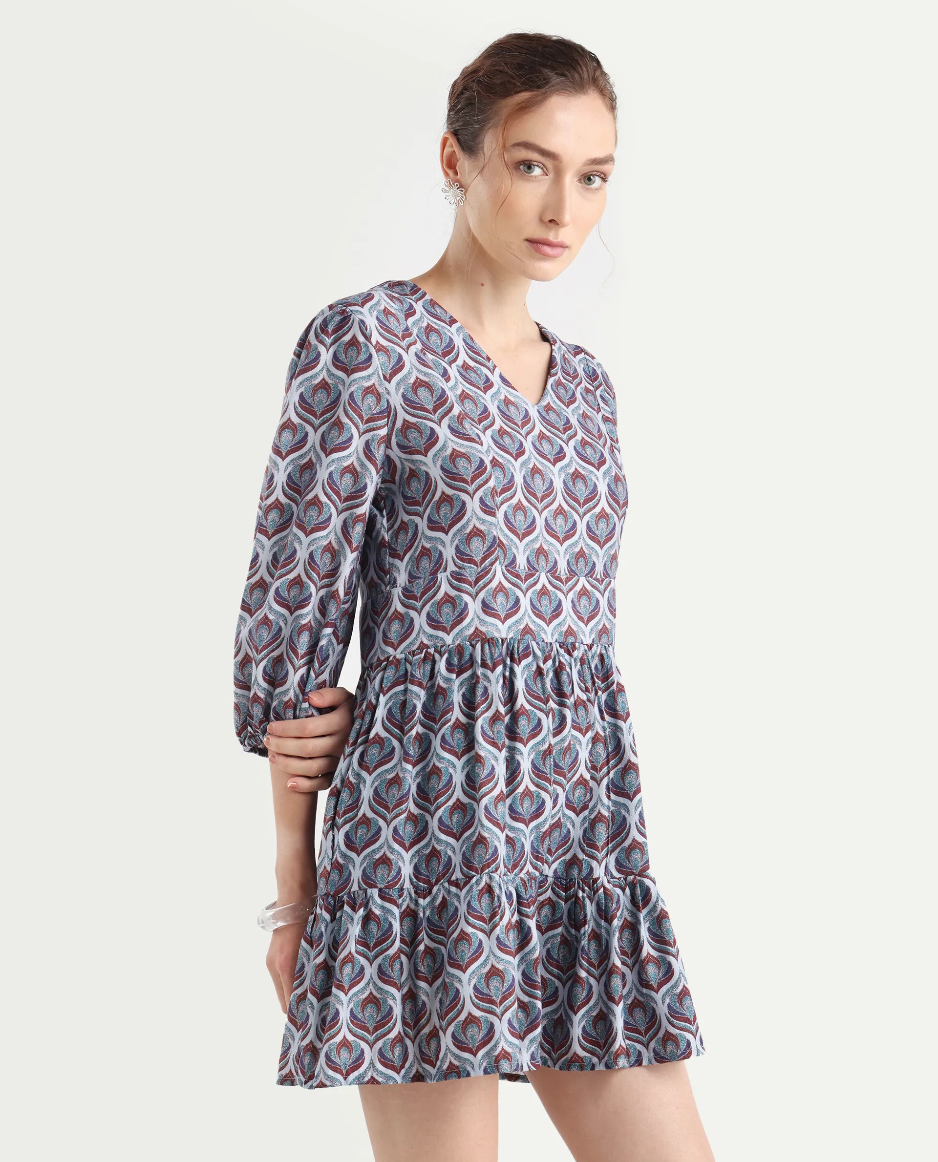 Rareism Women's Thecon Blue Polyester V-Neck Abstract Print Bishop Sleeve Mini Fit And Flare Dress