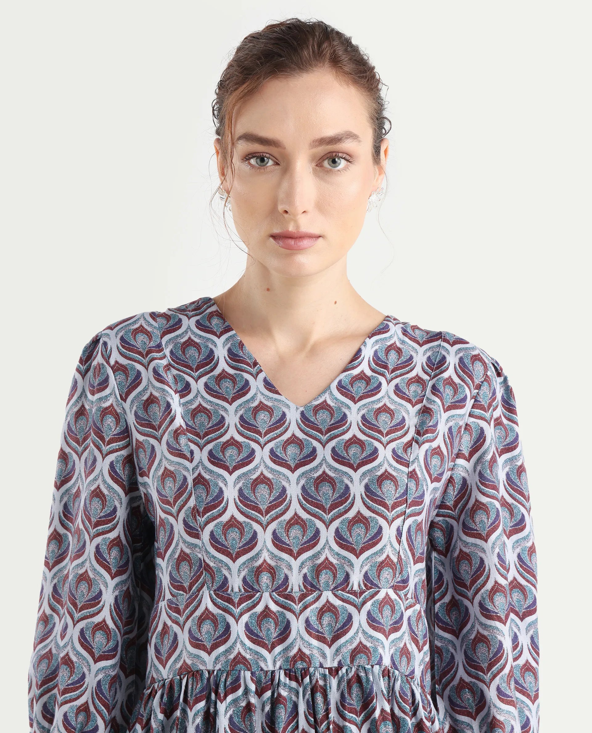 Rareism Women's Thecon Blue Polyester V-Neck Abstract Print Bishop Sleeve Mini Fit And Flare Dress