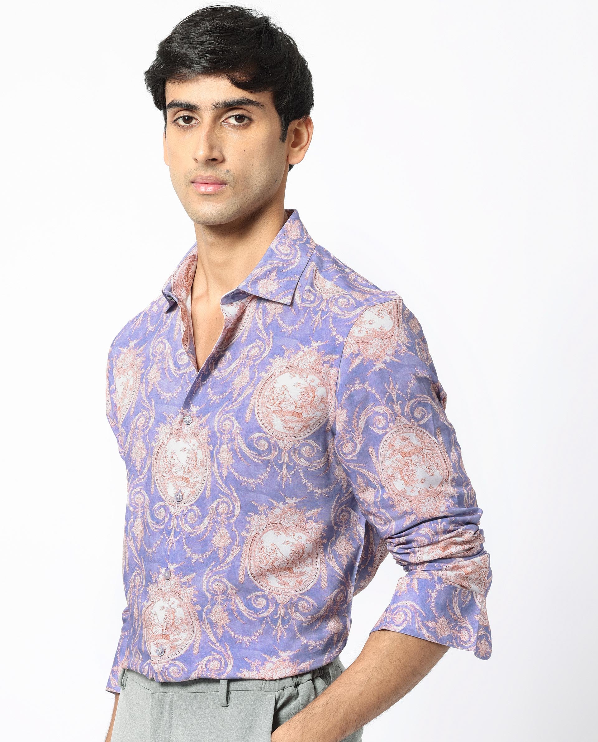 Rare Rabbit Men's Theon Dusky Purple Viscose Fabric Full Sleeves Floral Print Shirt