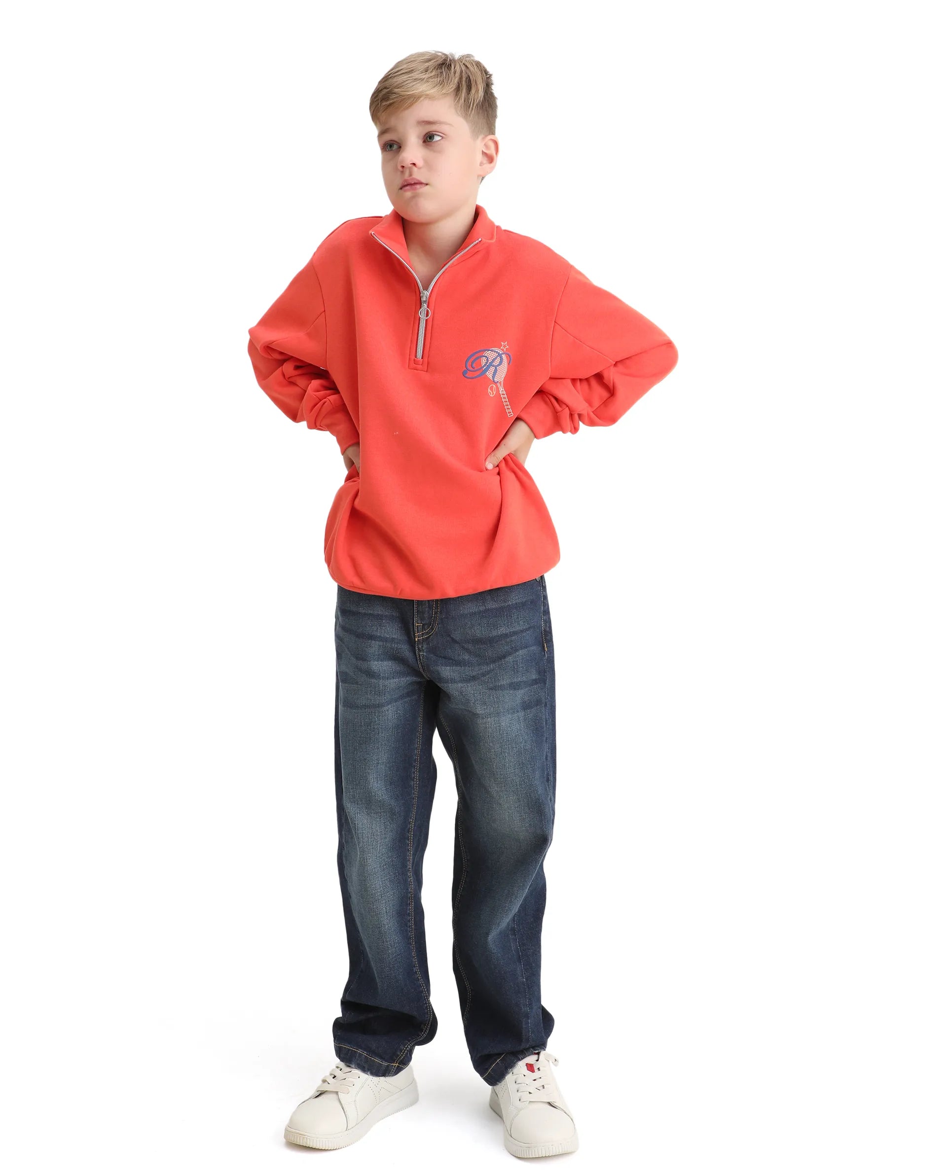 Rare Ones Kids Theo Orange Cotton Pull On Crew Neck Full Sleeves Fit Sweatshirt