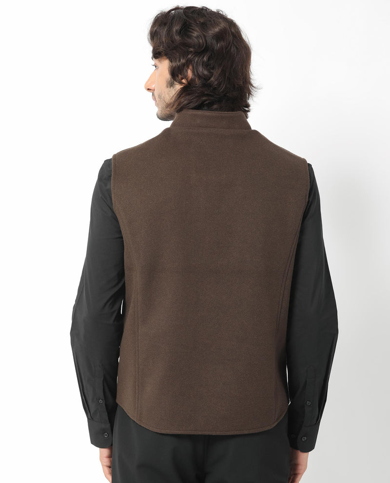 RARE RABBIT MENS THERMO BROWN JACKET POLYSTER VISCOSE FABRIC HIGH NECK WOVEN SLEEVELESS BUTTON CLOSURE REGULAR FIT