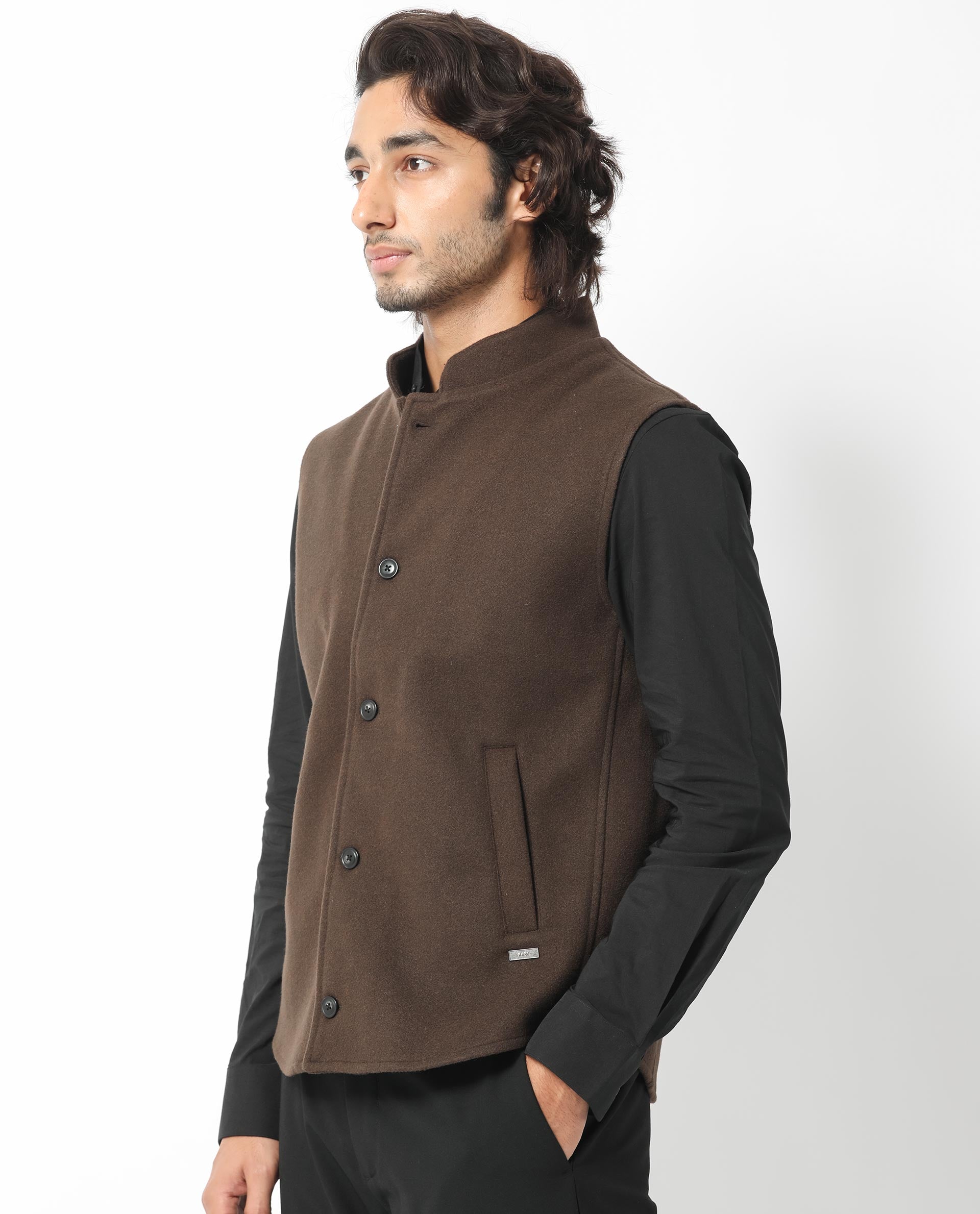 Rare Rabbit Men's Thermo Brown Mandarin Collar Sleeveless Jacket