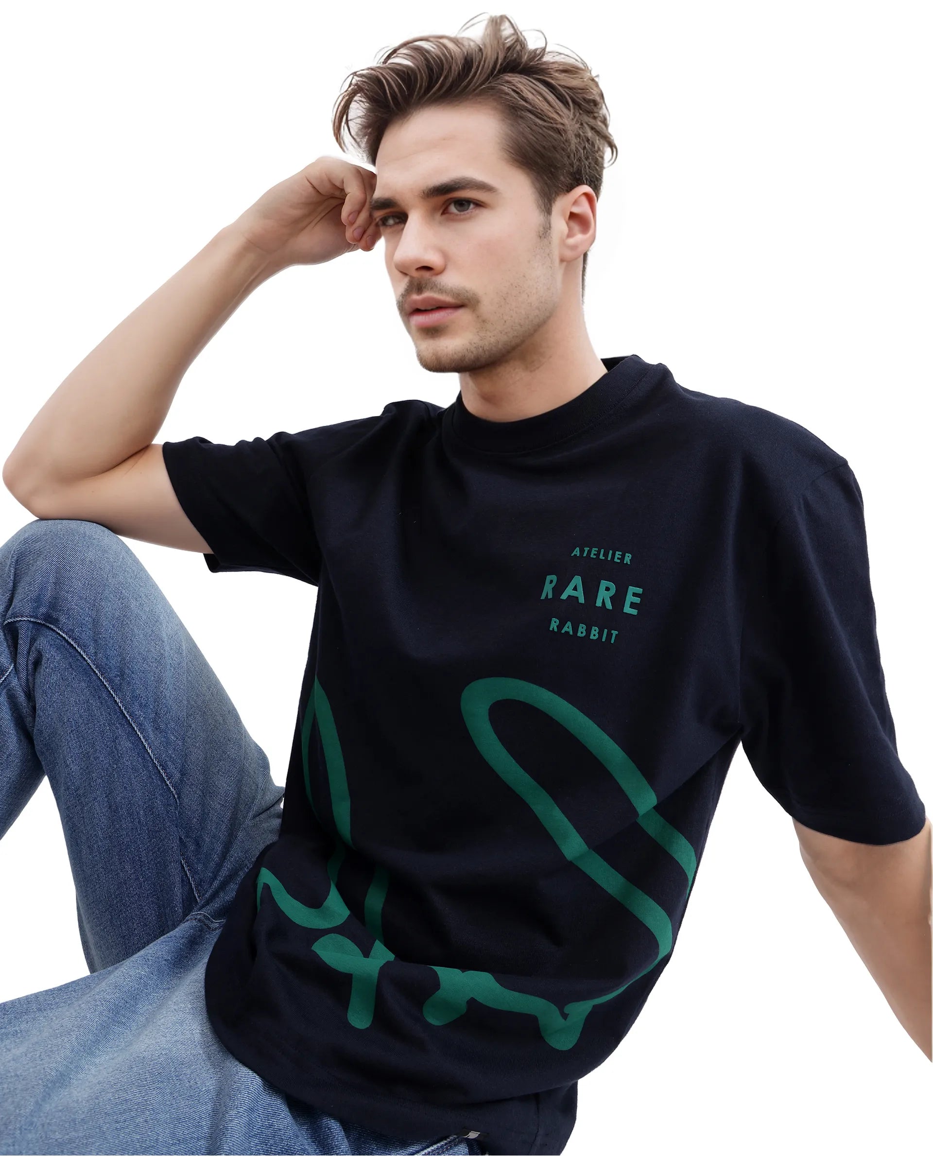 Rare Rabbit Men Ther Navy Short Sleeve Crew Neck Boxy Fit Printed T-Shirt