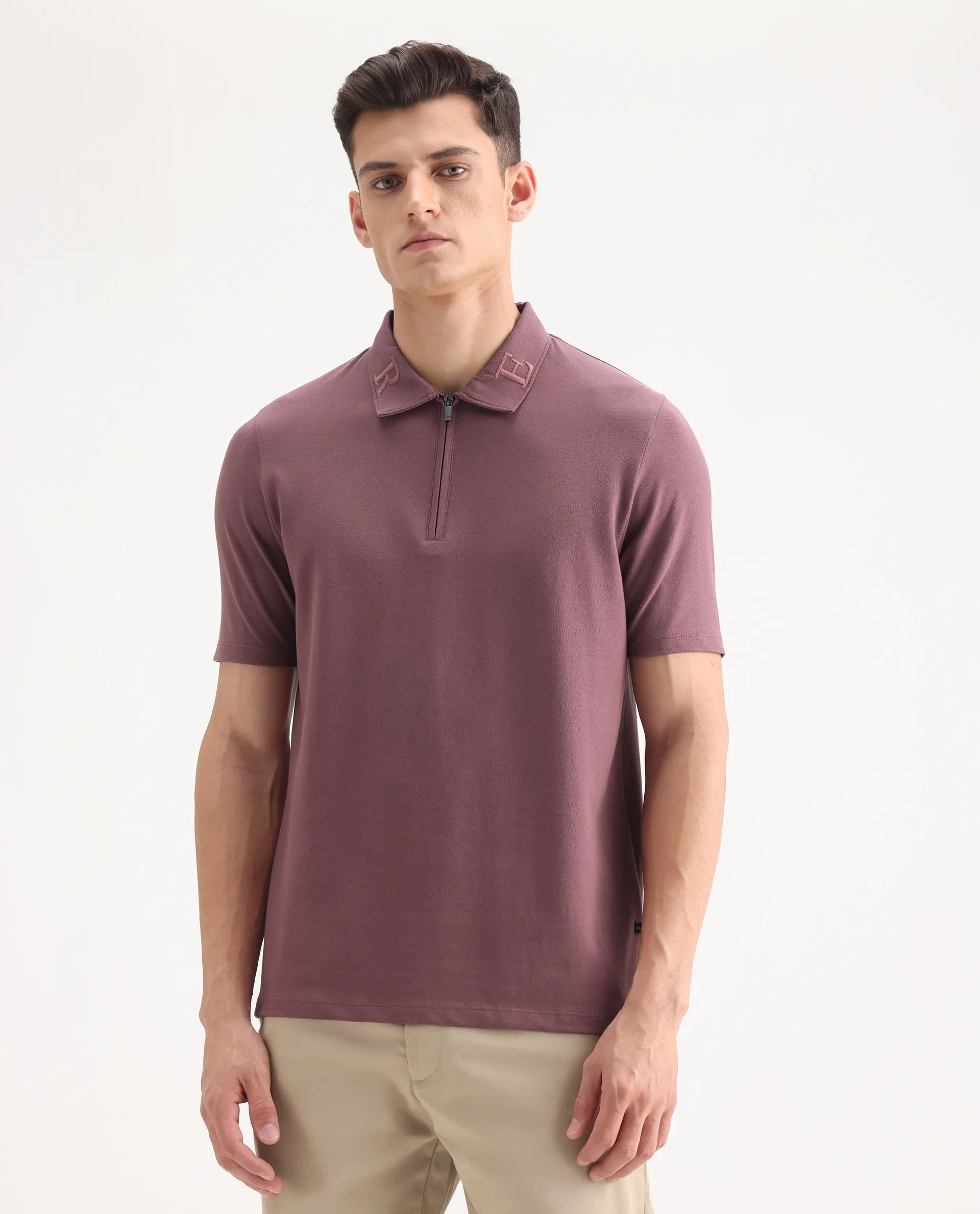 Rare Rabbit Men's Thero Dusky Pink Cotton Embroidered Regular Fit Half Sleeve Polo