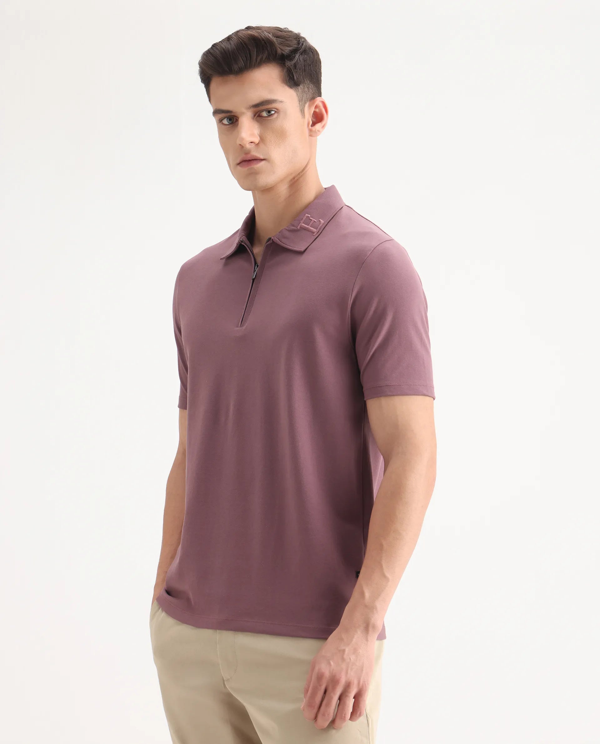 Rare Rabbit Men's Thero Dusky Pink Cotton Embroidered Regular Fit Half Sleeve Polo
