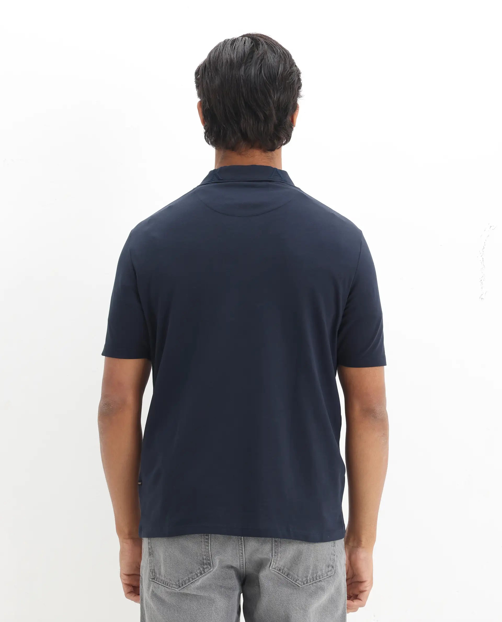 Rare Rabbit Men's Thero Navy Cotton Plain Regular Fit Half Sleeve Polo