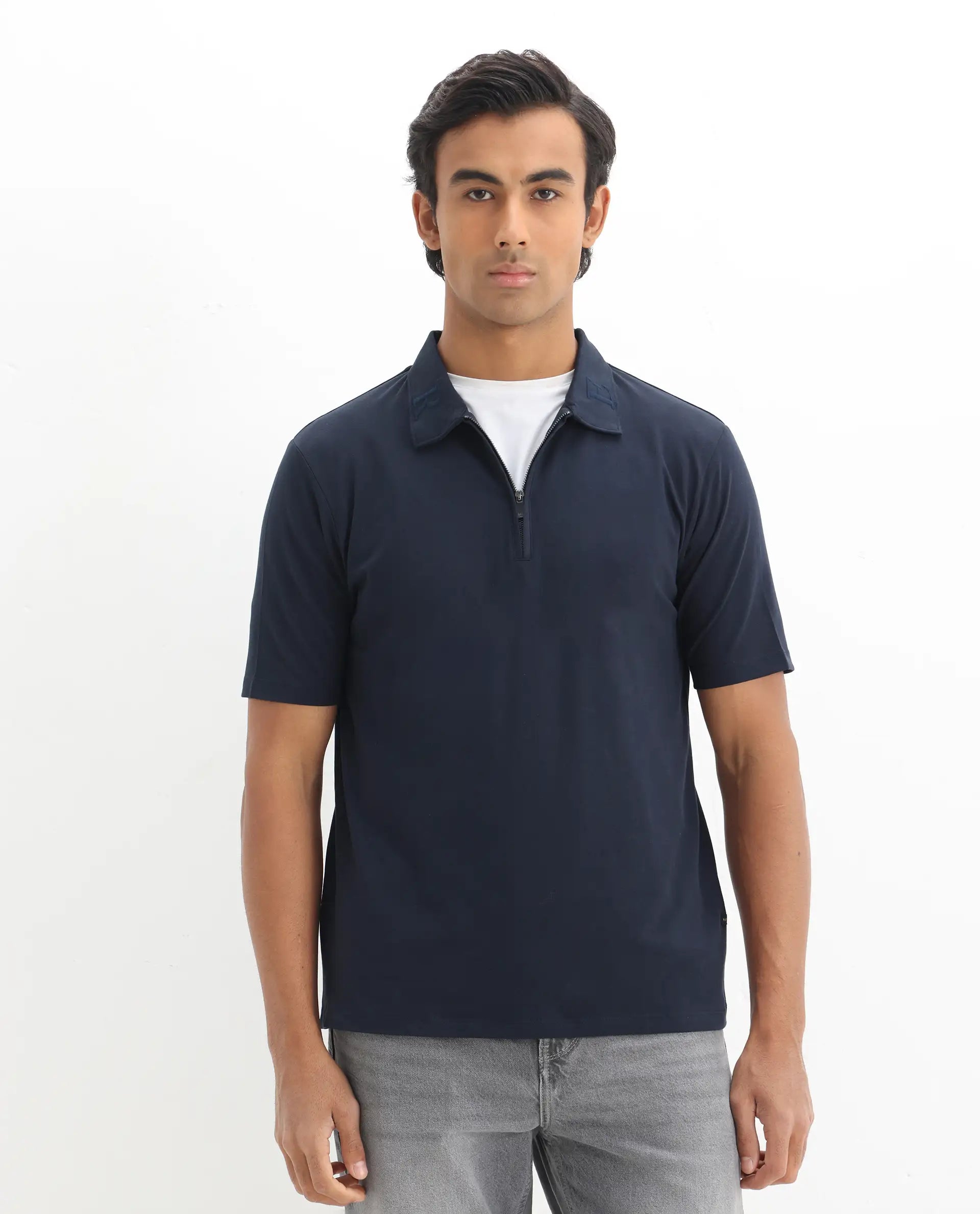 Rare Rabbit Men's Thero Navy Cotton Plain Regular Fit Half Sleeve Polo