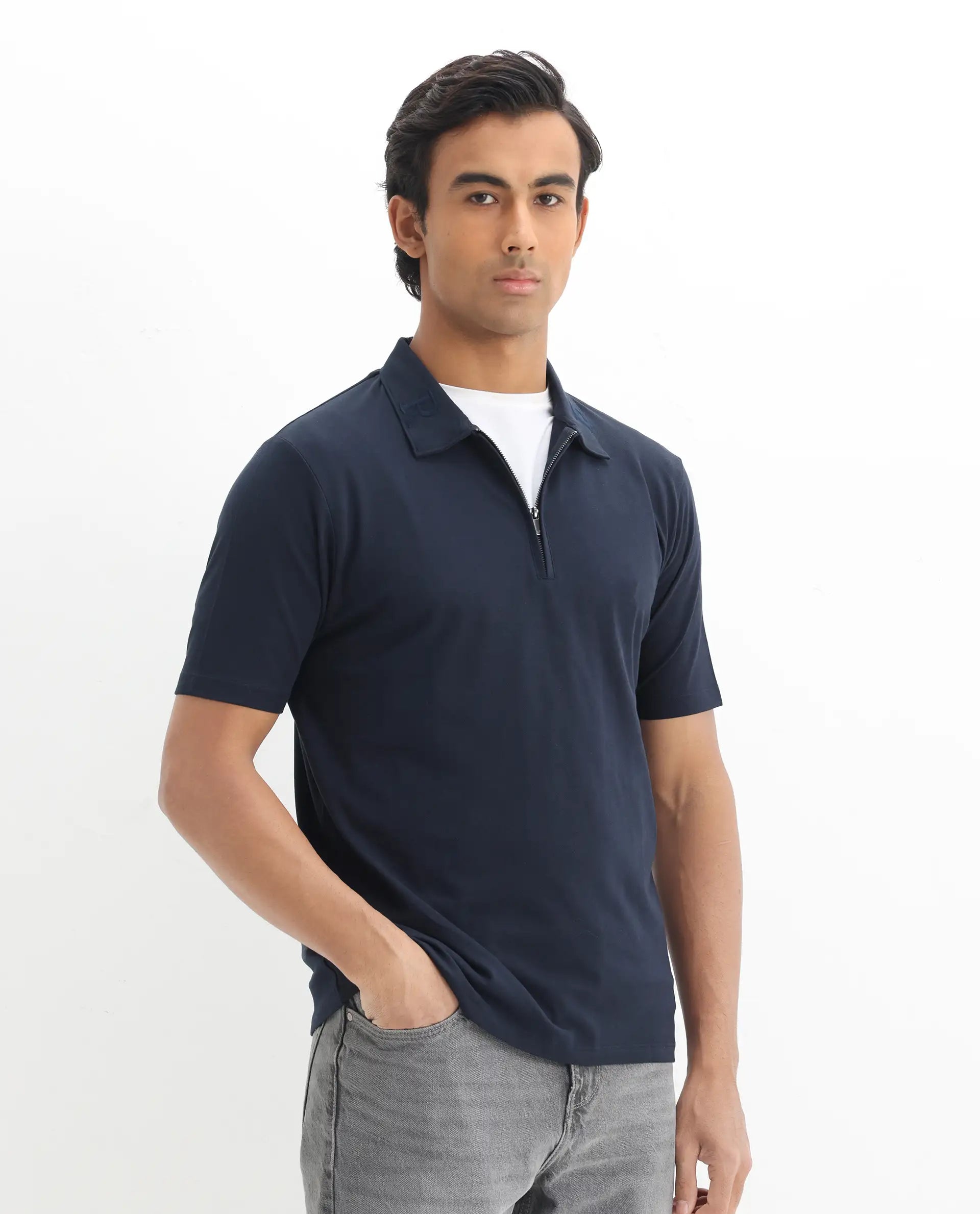 Rare Rabbit Men's Thero Navy Cotton Plain Regular Fit Half Sleeve Polo