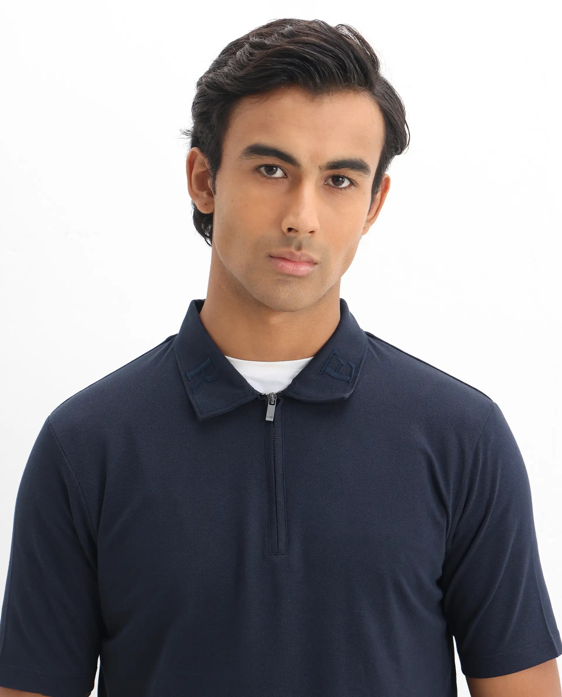 Rare Rabbit Men's Thero Navy Cotton Plain Regular Fit Half Sleeve Polo