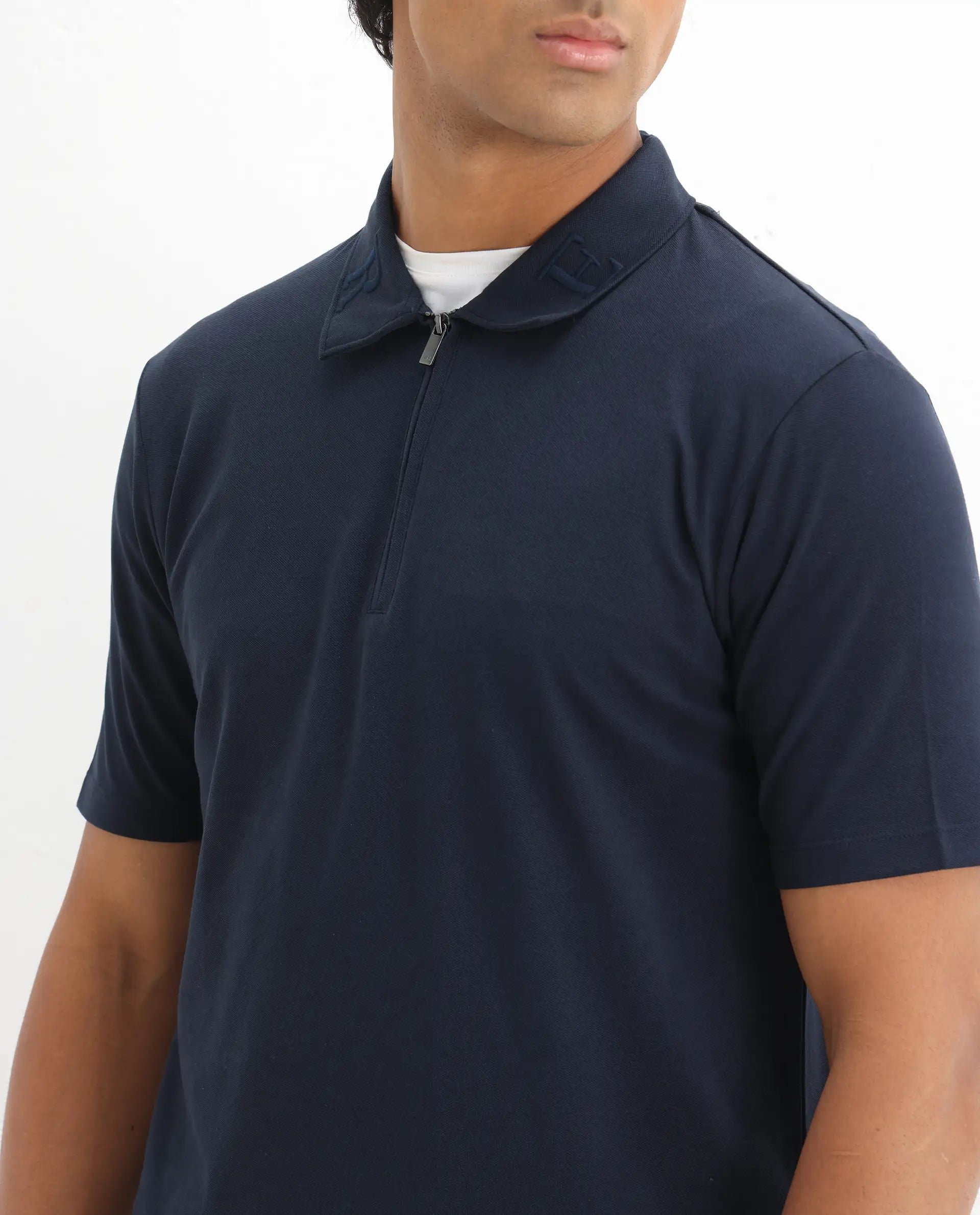 Rare Rabbit Men's Thero Navy Cotton Plain Regular Fit Half Sleeve Polo