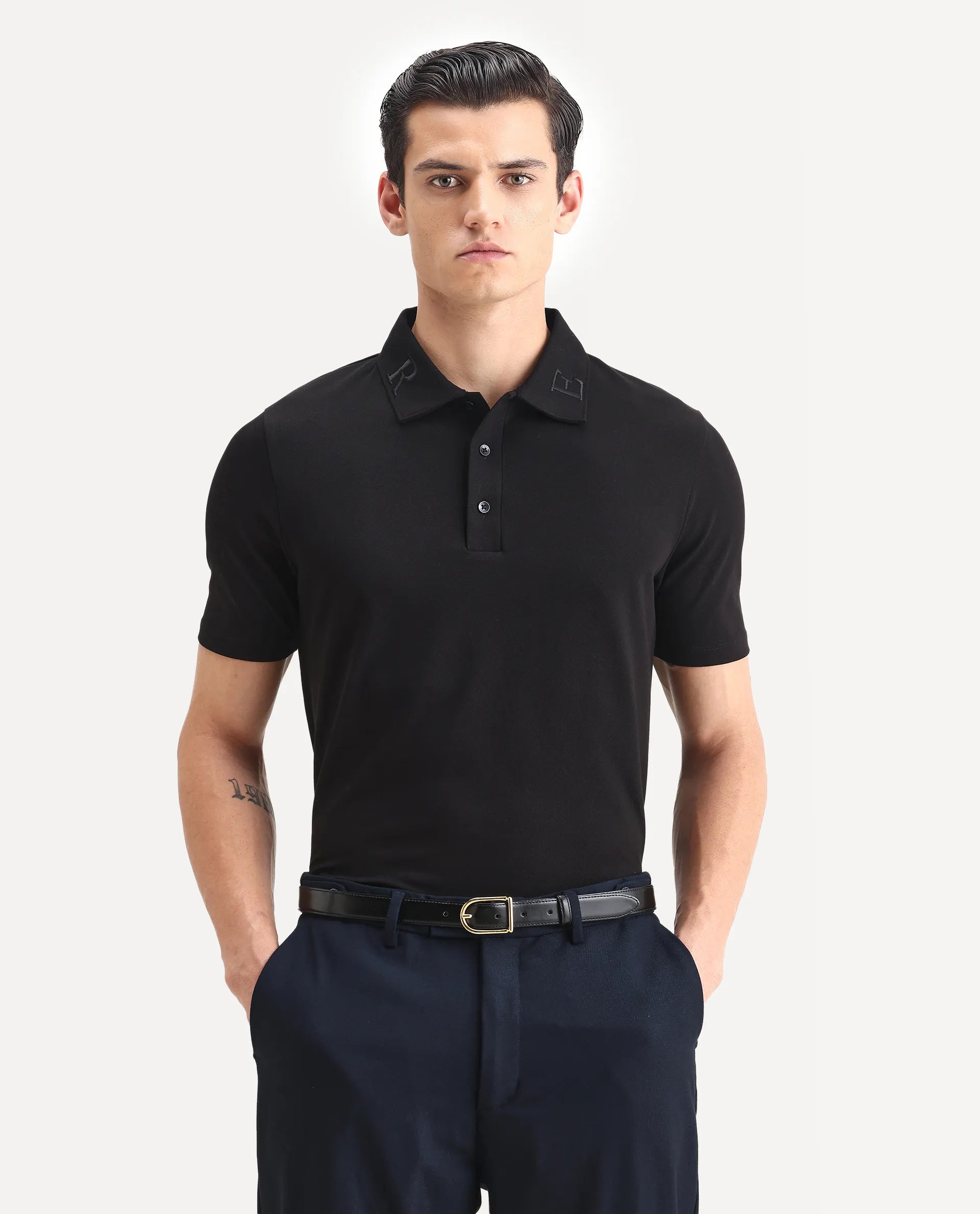 Rare Rabbit Men's Theron Black Cotton Blend Plain Regular Fit Half Sleeve Polo