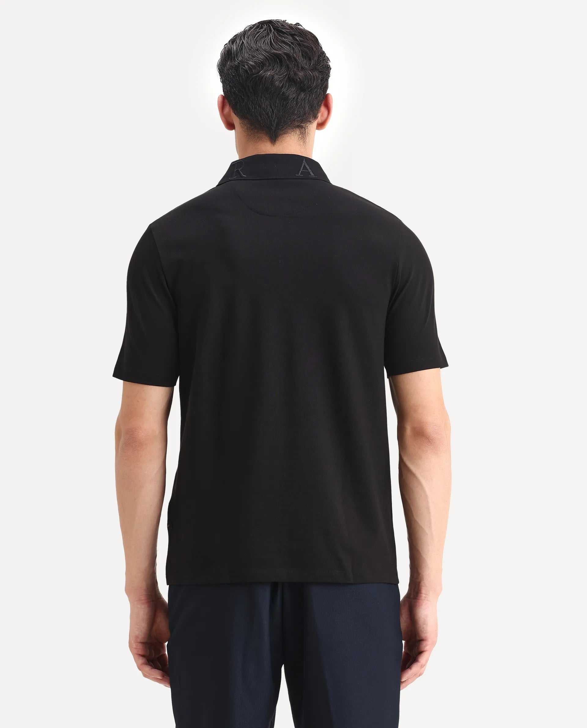 Rare Rabbit Men's Theron Black Cotton Blend Plain Regular Fit Half Sleeve Polo