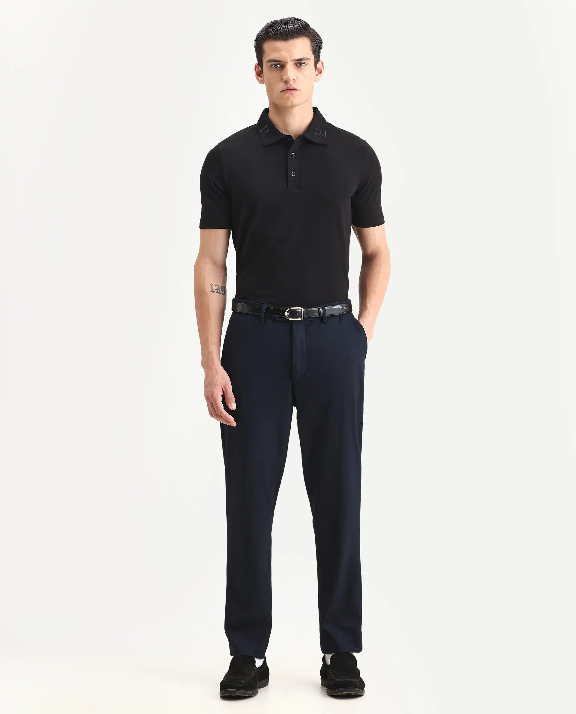 Rare Rabbit Men's Theron Black Cotton Blend Plain Regular Fit Half Sleeve Polo