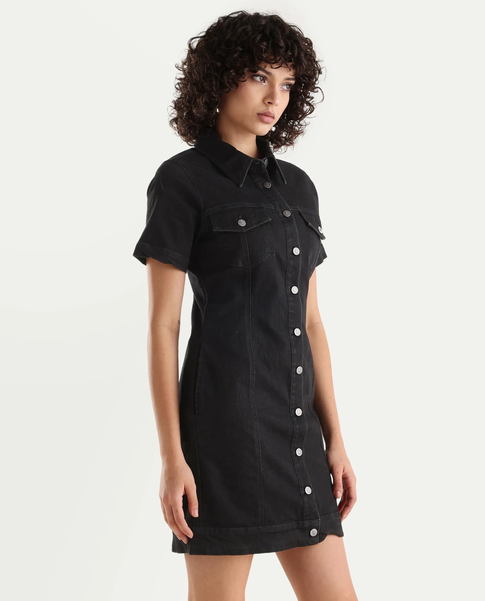 Rareism Women's Thio Black Cotton Blend Spread Collar Plain Knee Length Fitted Dress