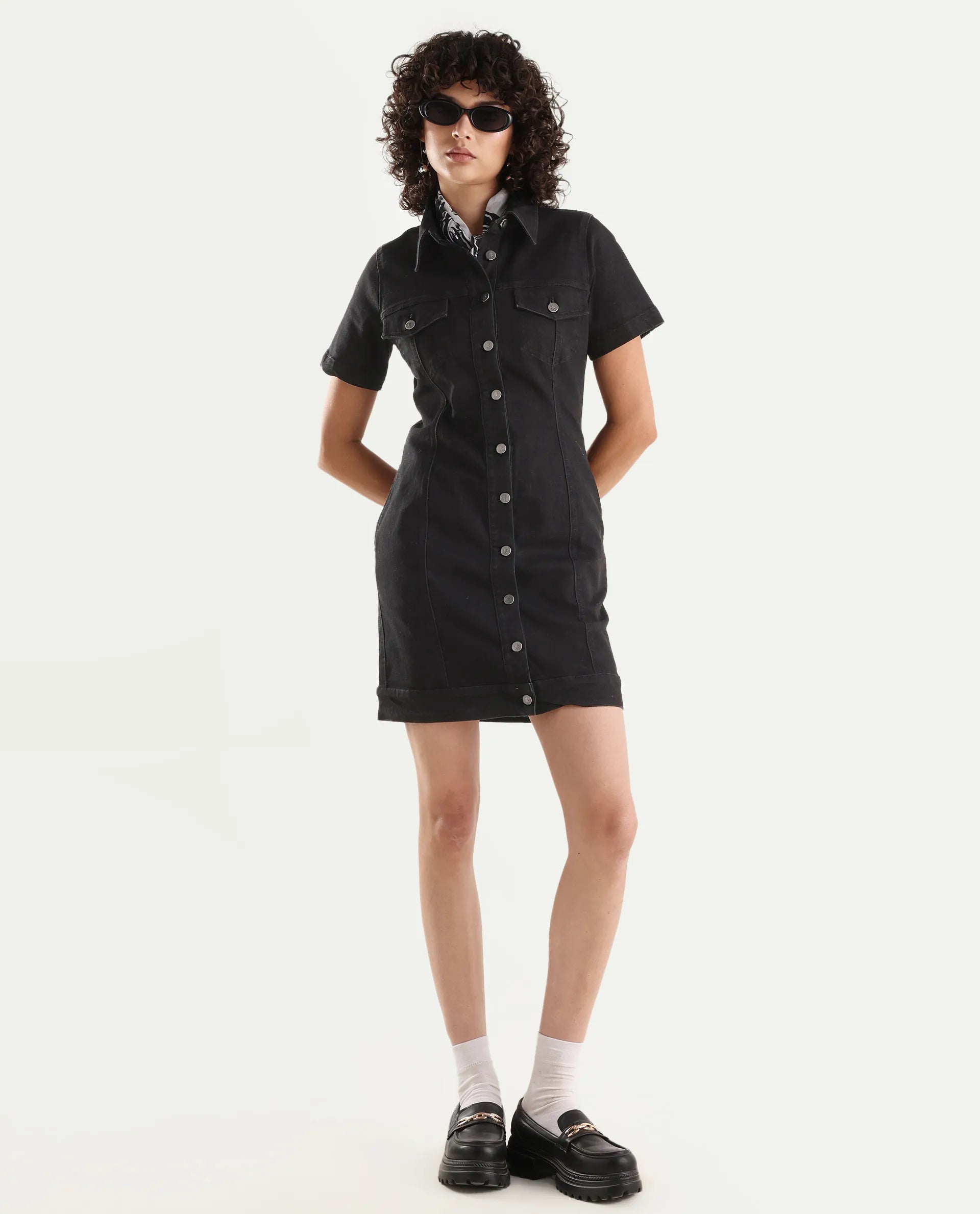 Rareism Women's Thio Black Cotton Blend Spread Collar Plain Knee Length Fitted Dress