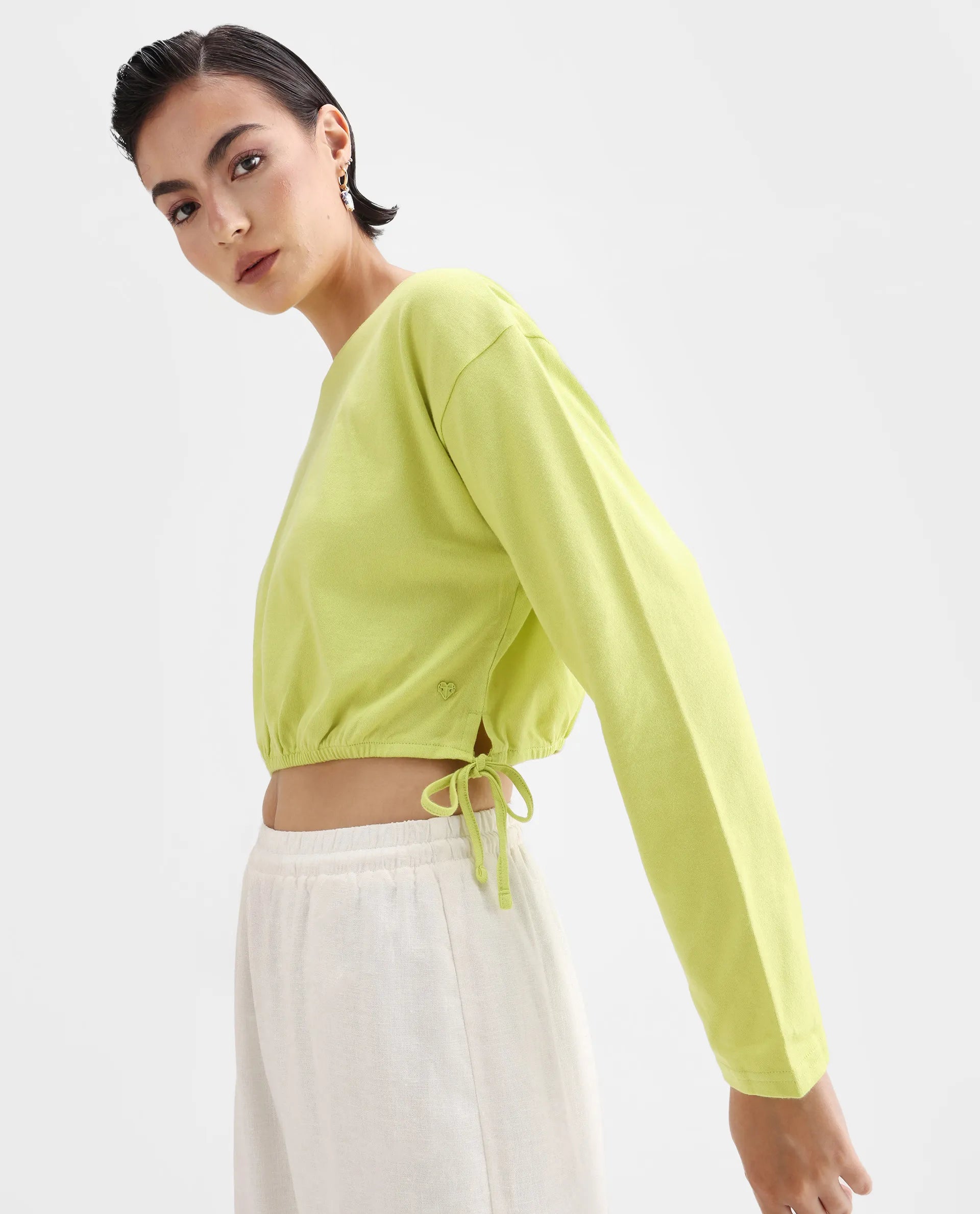 Rareism Women's Thistle Flouroscent Green Cotton Crew Neck Plain Crop Regular Fit Top