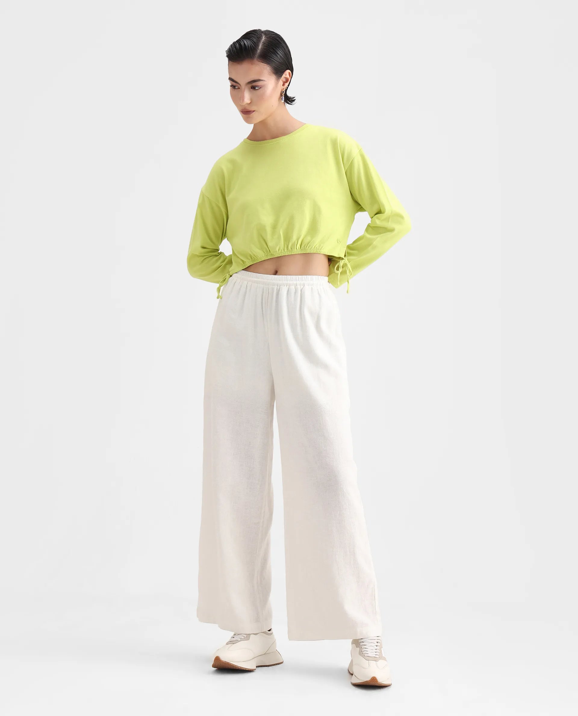 Rareism Women's Thistle Flouroscent Green Cotton Crew Neck Plain Crop Regular Fit Top