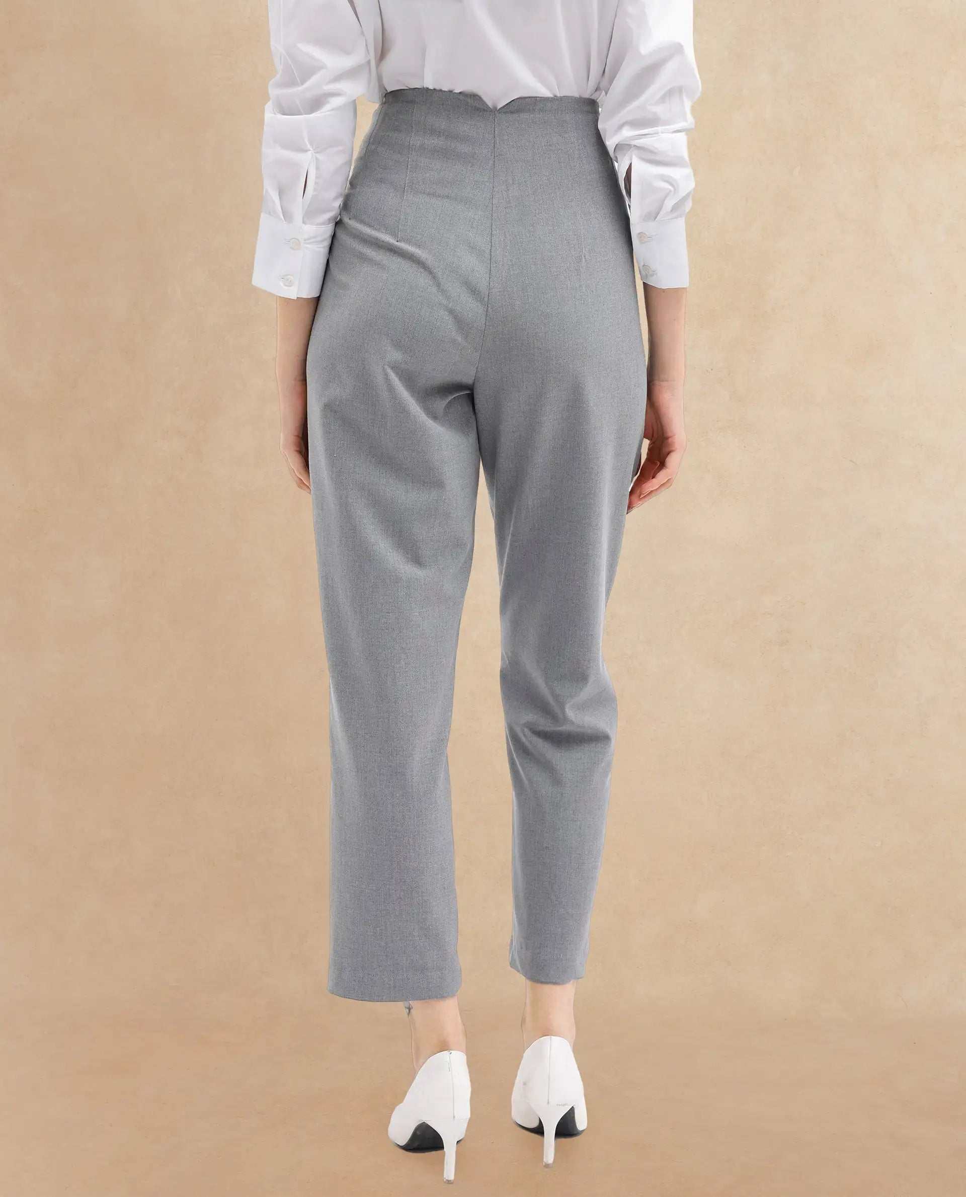 Rareism Women's Thompson Grey Cotton Plain Ankle Length Tapered Trouser