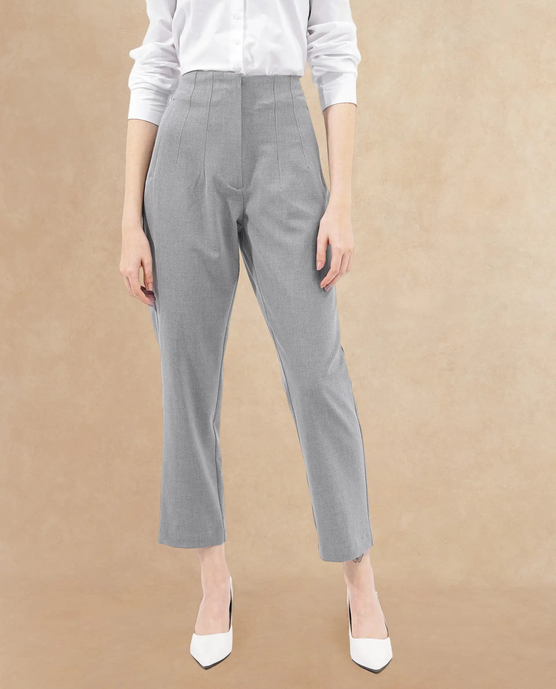 Rareism Women's Thompson Grey Cotton Plain Ankle Length Tapered Trouser