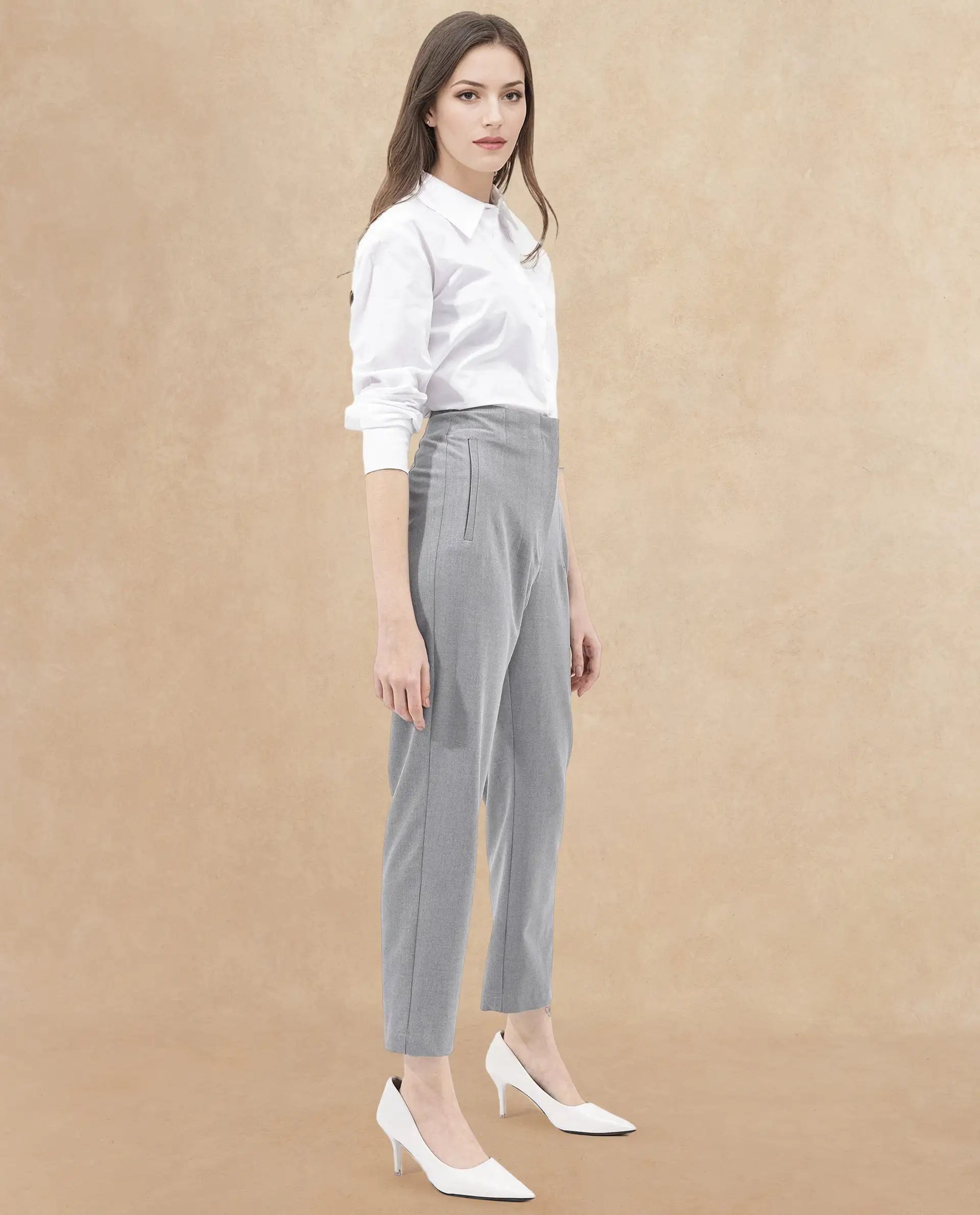 Rareism Women's Thompson Grey Cotton Plain Ankle Length Tapered Trouser