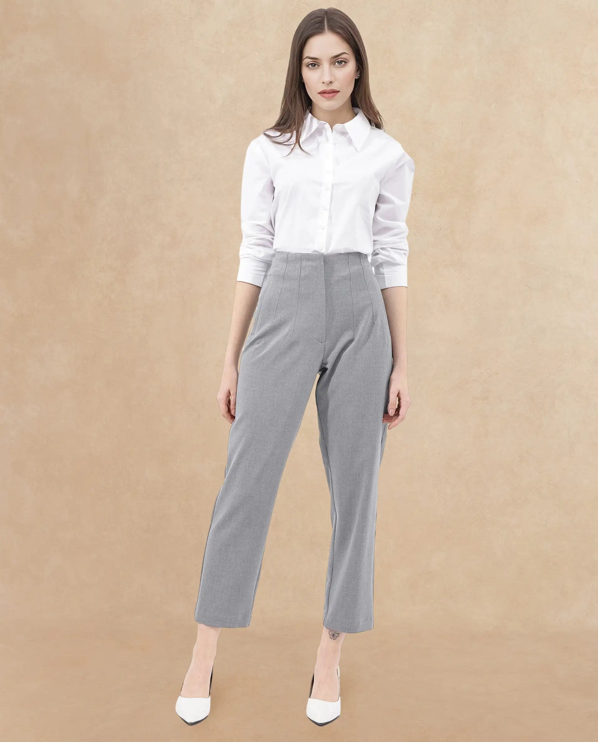 Rareism Women's Thompson Grey Cotton Plain Ankle Length Tapered Trouser