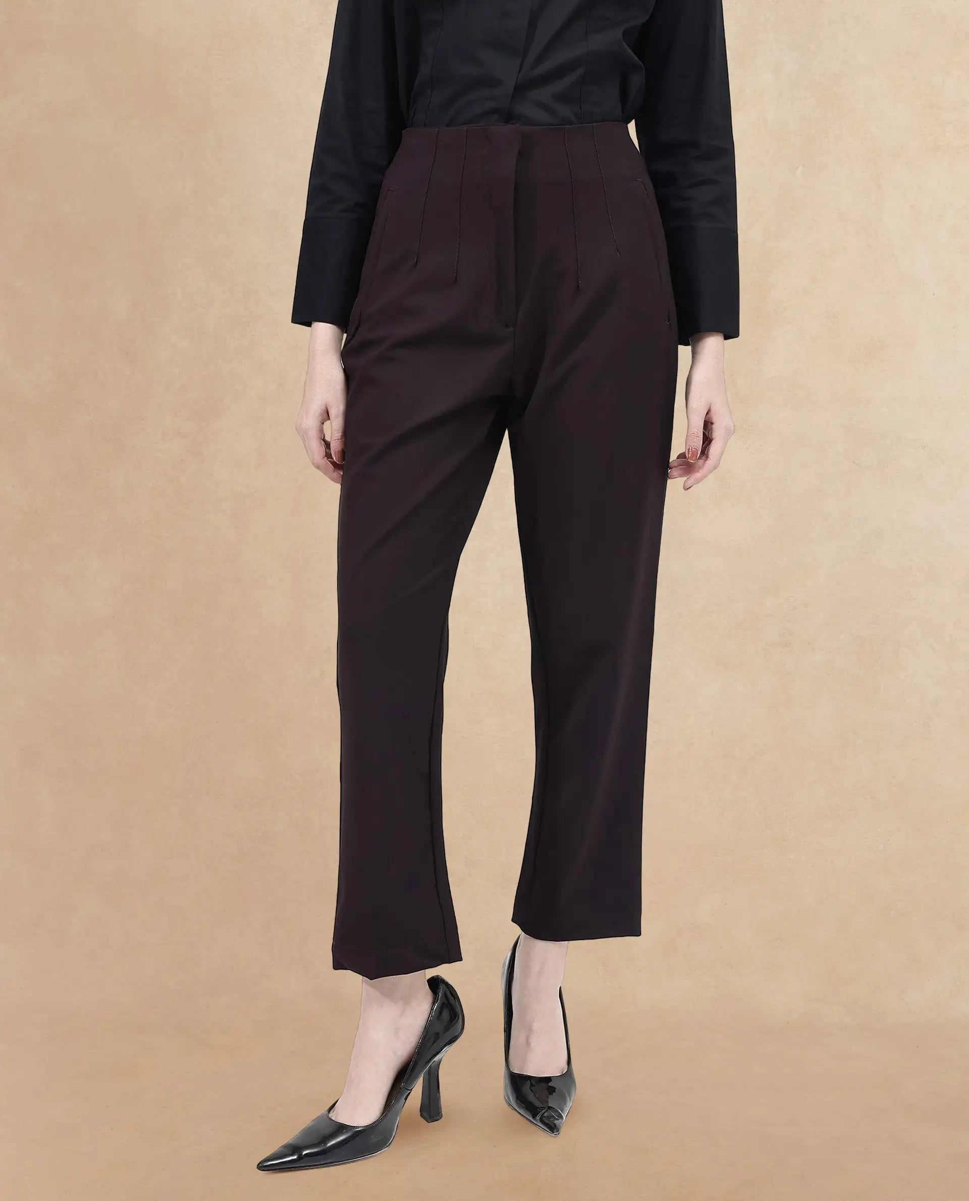 Rareism Women Thompson Maroon Cotton Fabric Trouser