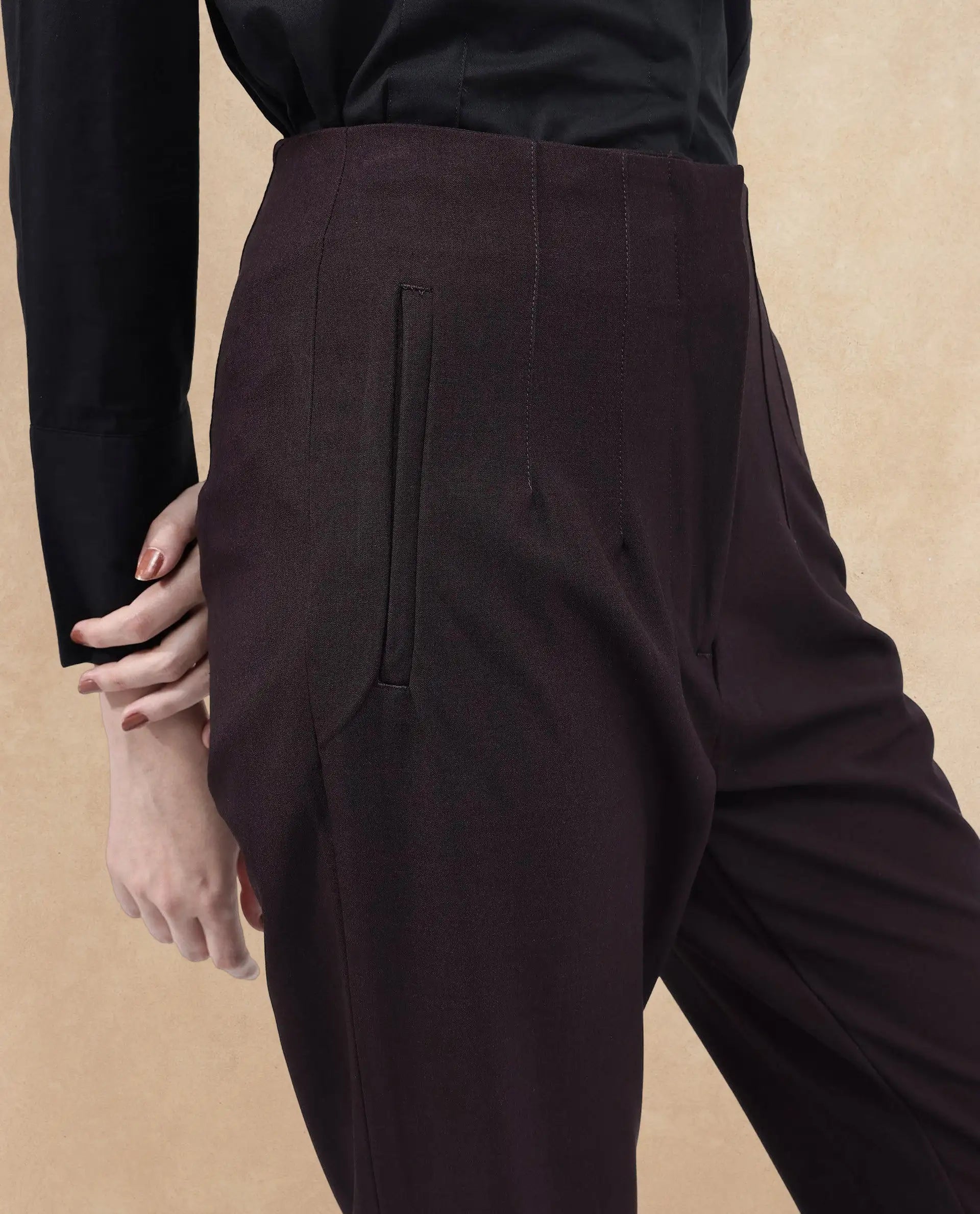 Rareism Women Thompson Maroon Cotton Fabric Trouser