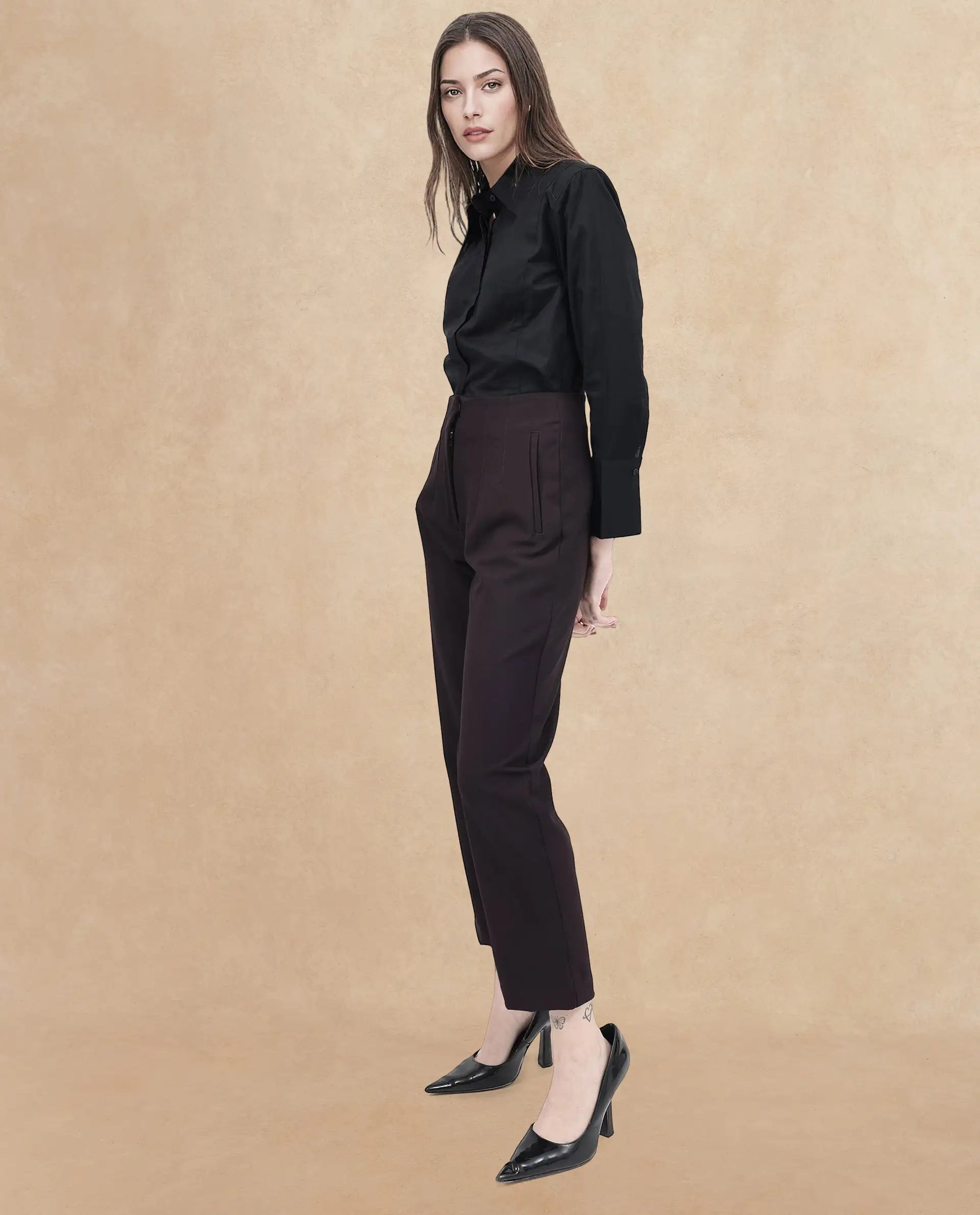 Rareism Women Thompson Maroon Cotton Fabric Trouser