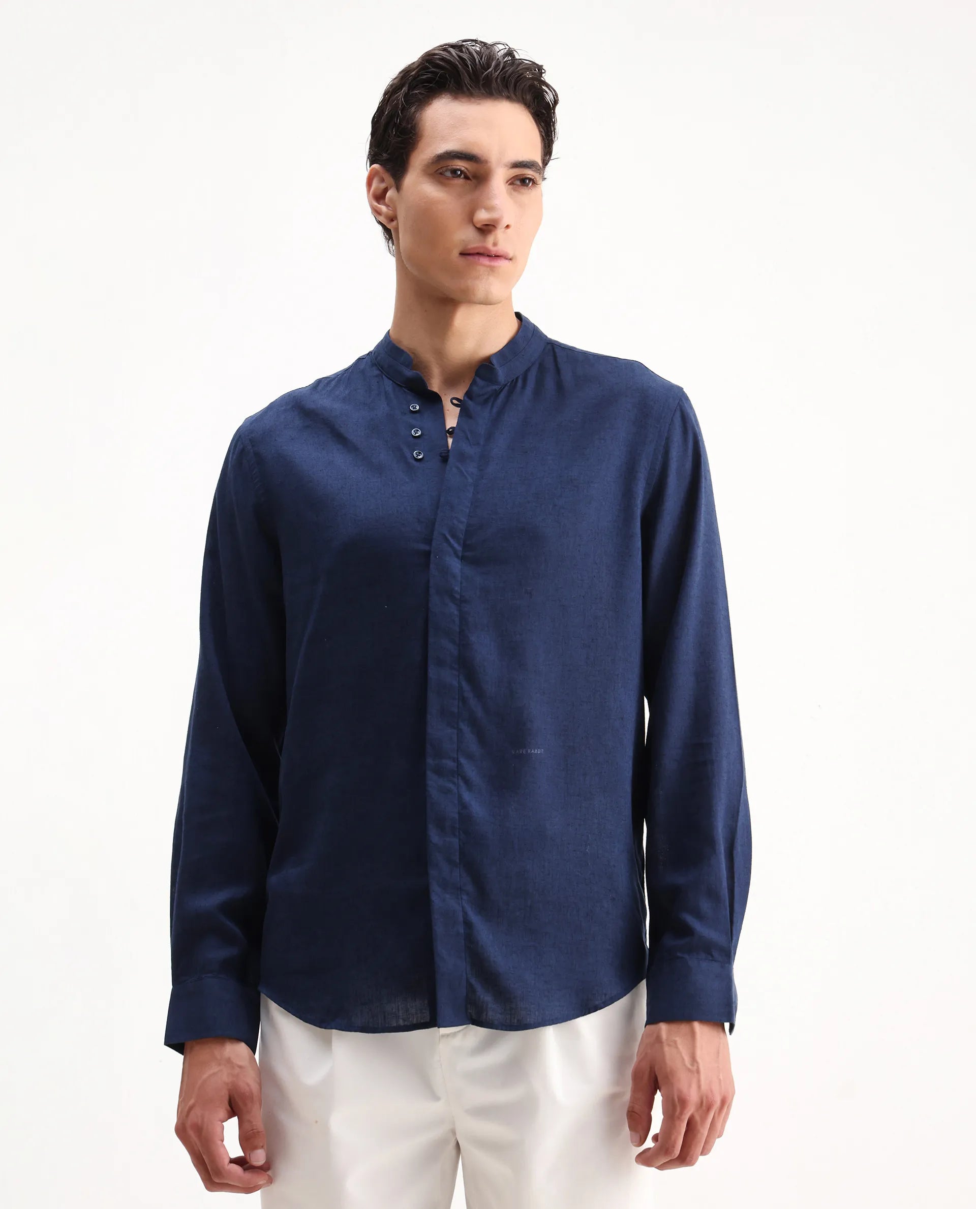 Rare Rabbit Men's Throne 25 Navy Lyocell Plain Regular Fit Full Sleeve Mandarin Collar Shirt