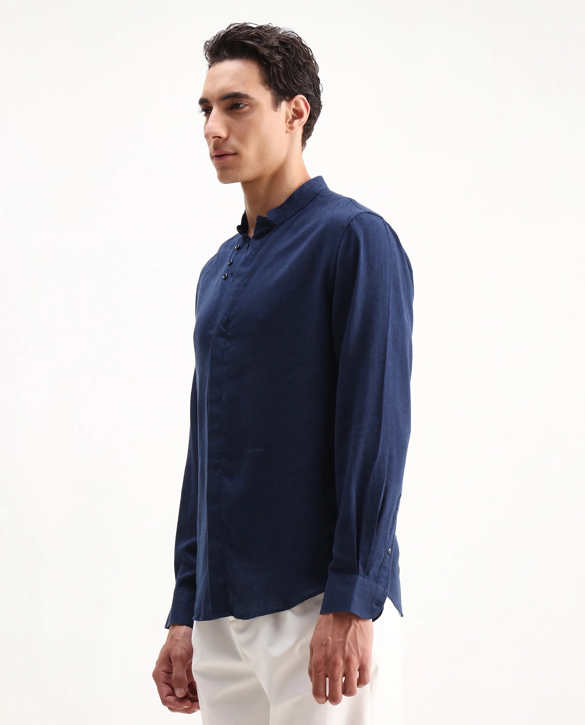 Rare Rabbit Men's Throne 25 Navy Lyocell Plain Regular Fit Full Sleeve Mandarin Collar Shirt