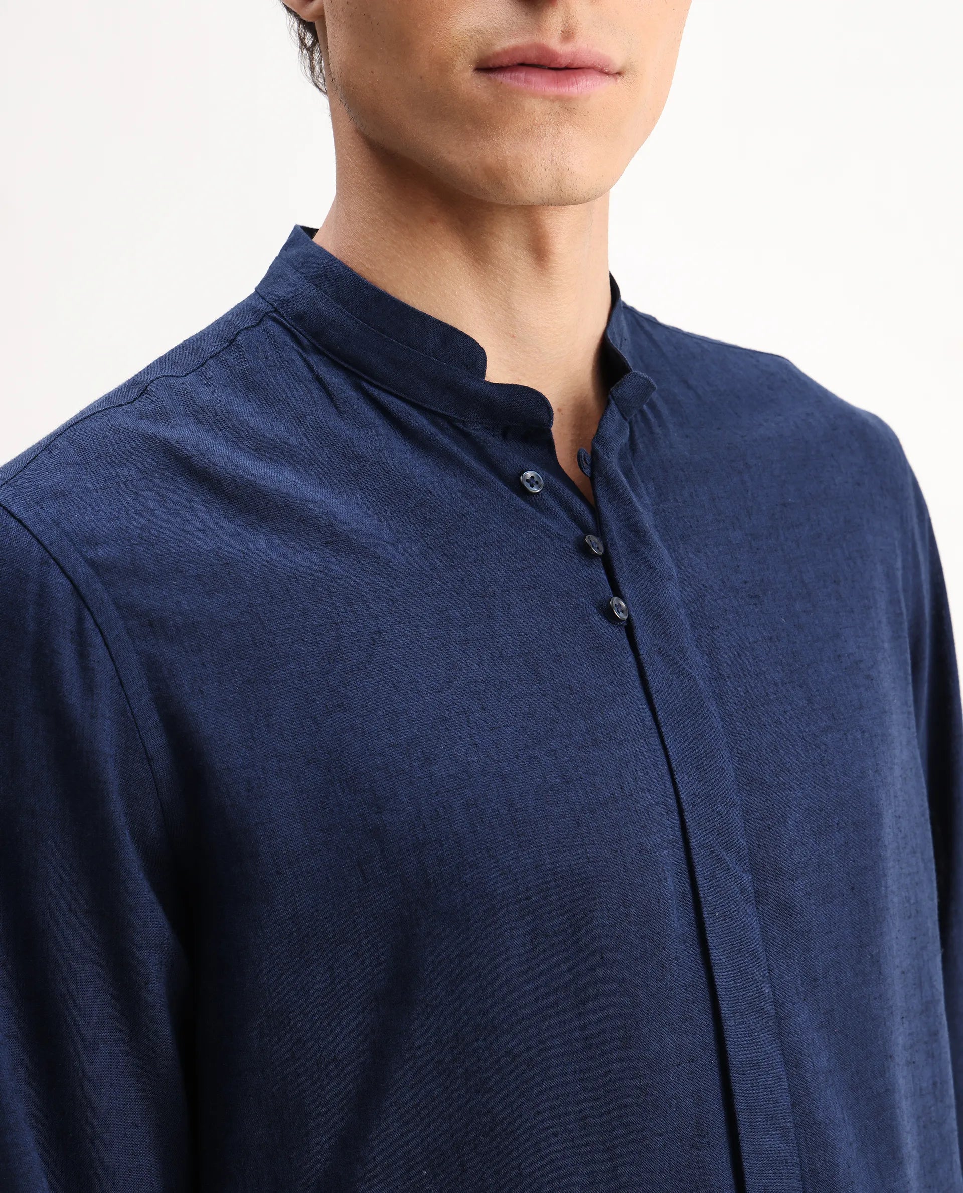 Rare Rabbit Men's Throne 25 Navy Lyocell Plain Regular Fit Full Sleeve Mandarin Collar Shirt