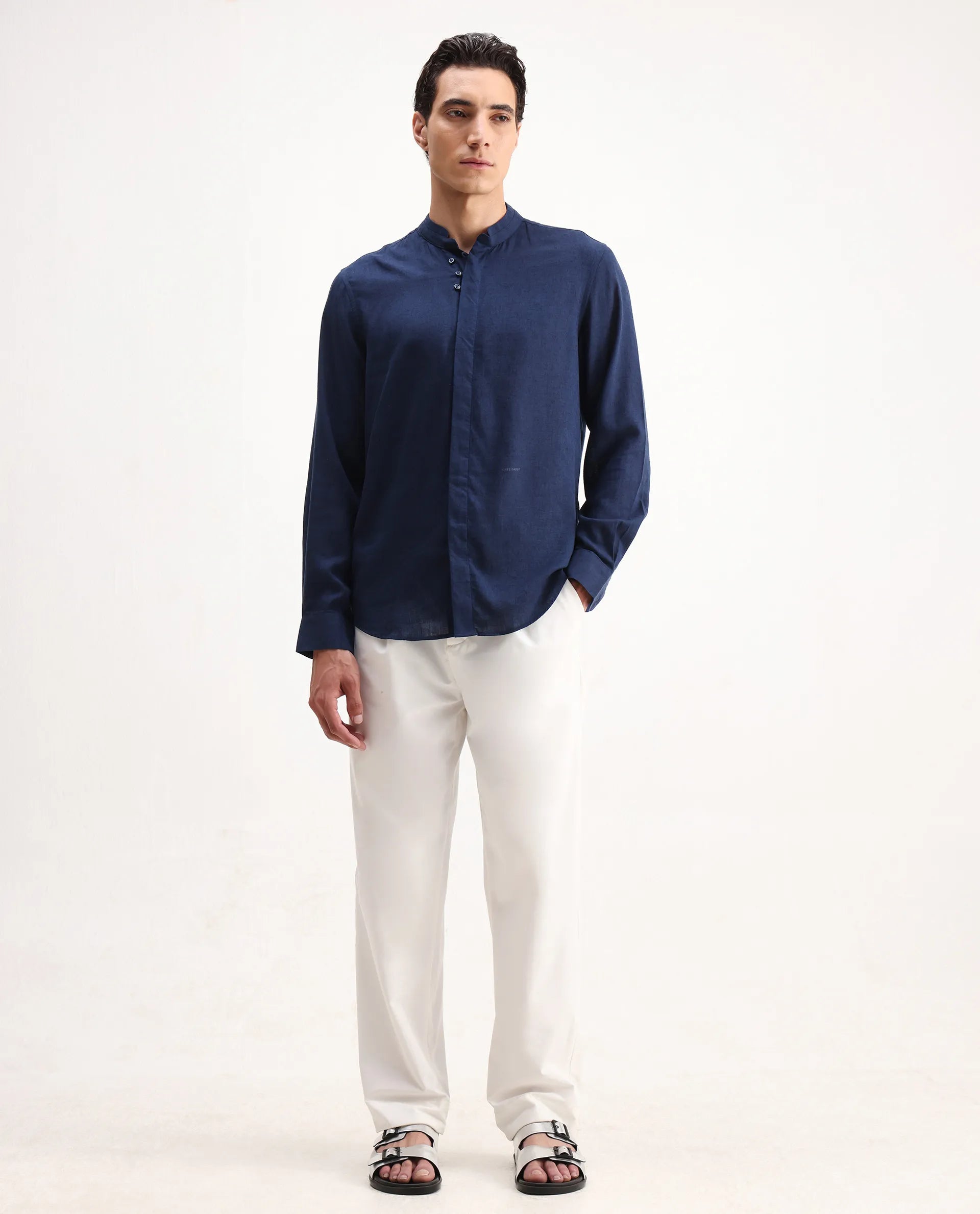 Rare Rabbit Men's Throne 25 Navy Lyocell Plain Regular Fit Full Sleeve Mandarin Collar Shirt