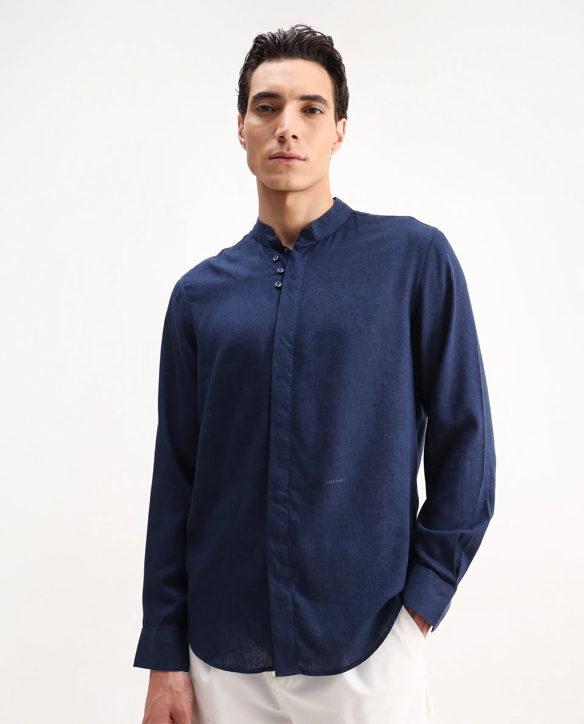 Rare Rabbit Men's Throne 25 Navy Lyocell Plain Regular Fit Full Sleeve Mandarin Collar Shirt