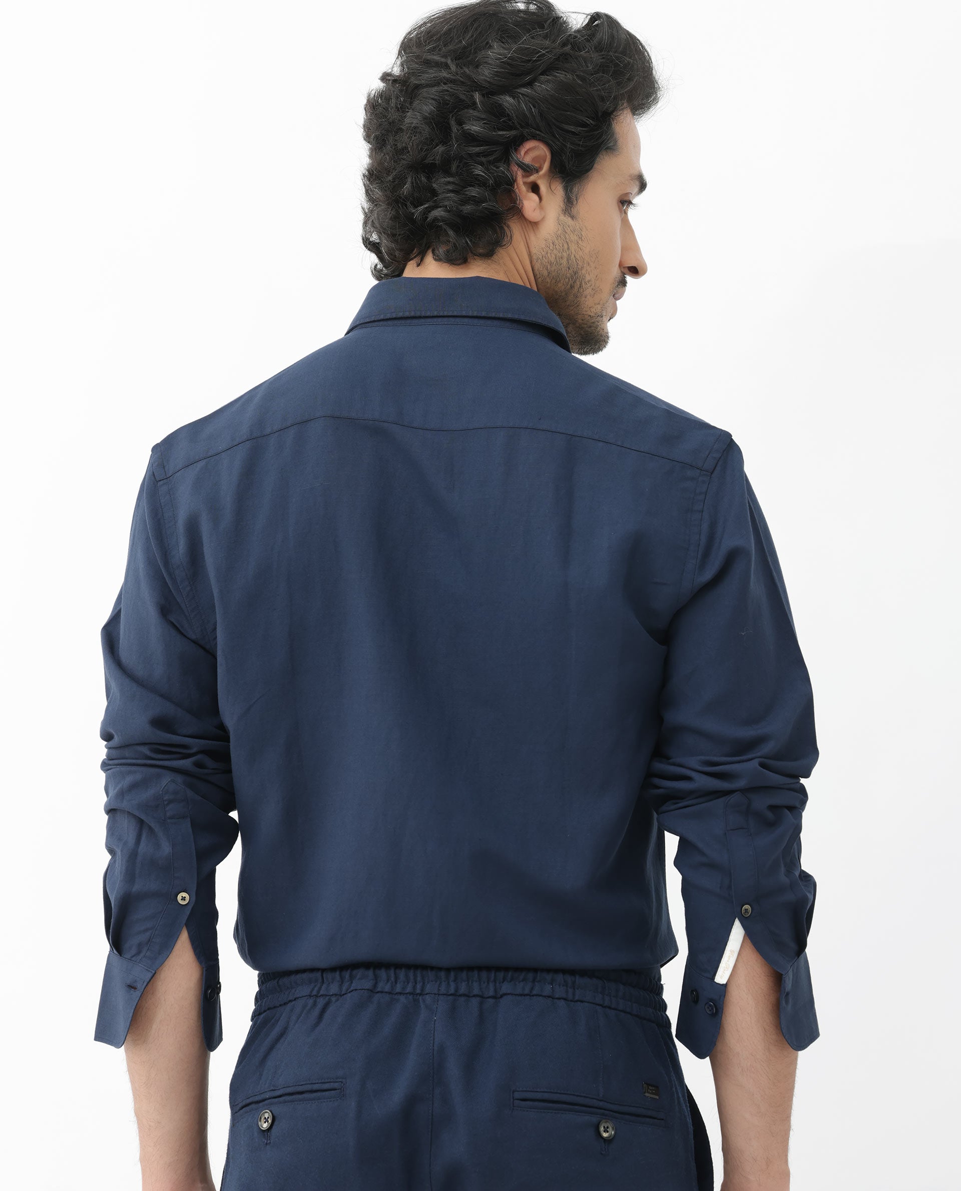 Rare Rabbit Mens Throna Navy Linen Blend Fabric Full Sleeve Solid Shirt