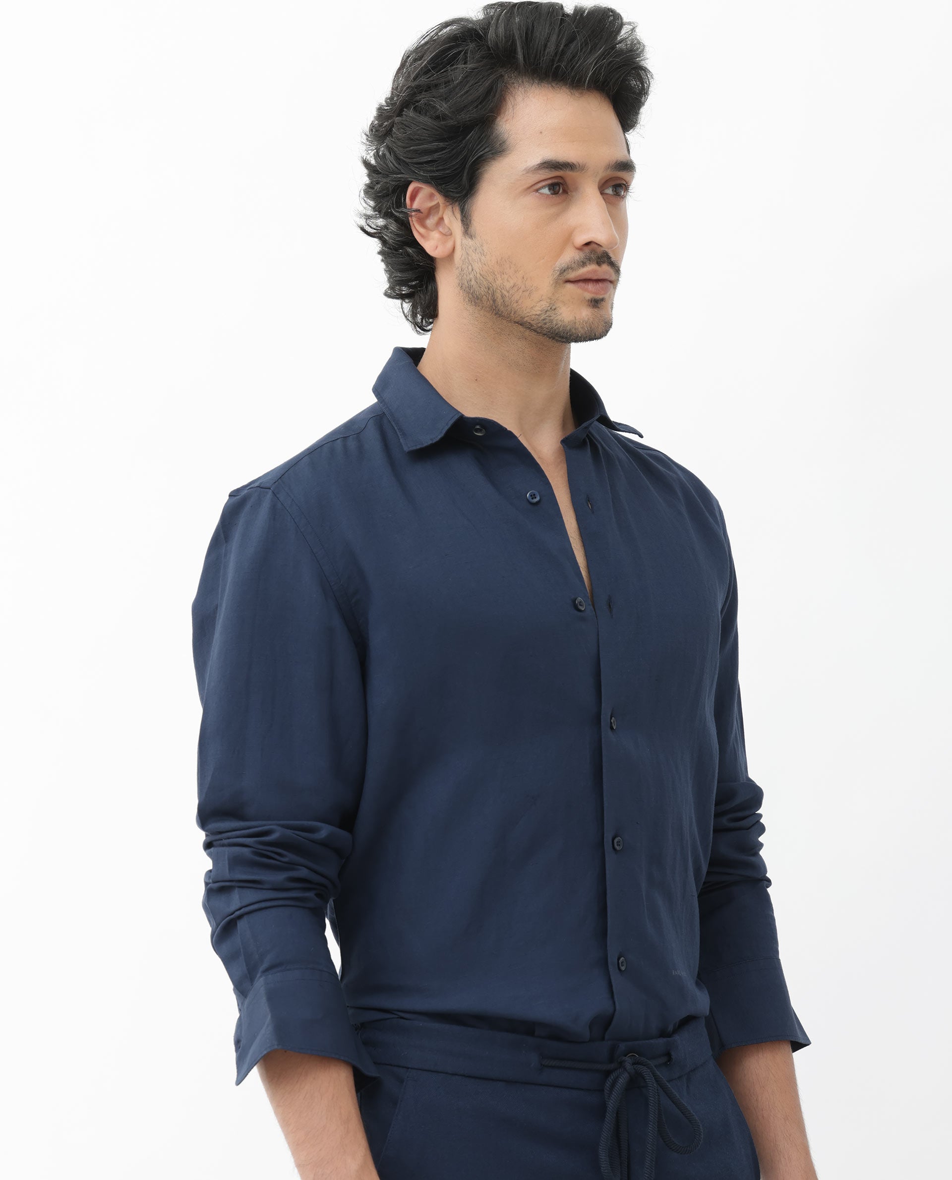 Rare Rabbit Mens Throna Navy Linen Blend Fabric Full Sleeve Solid Shirt