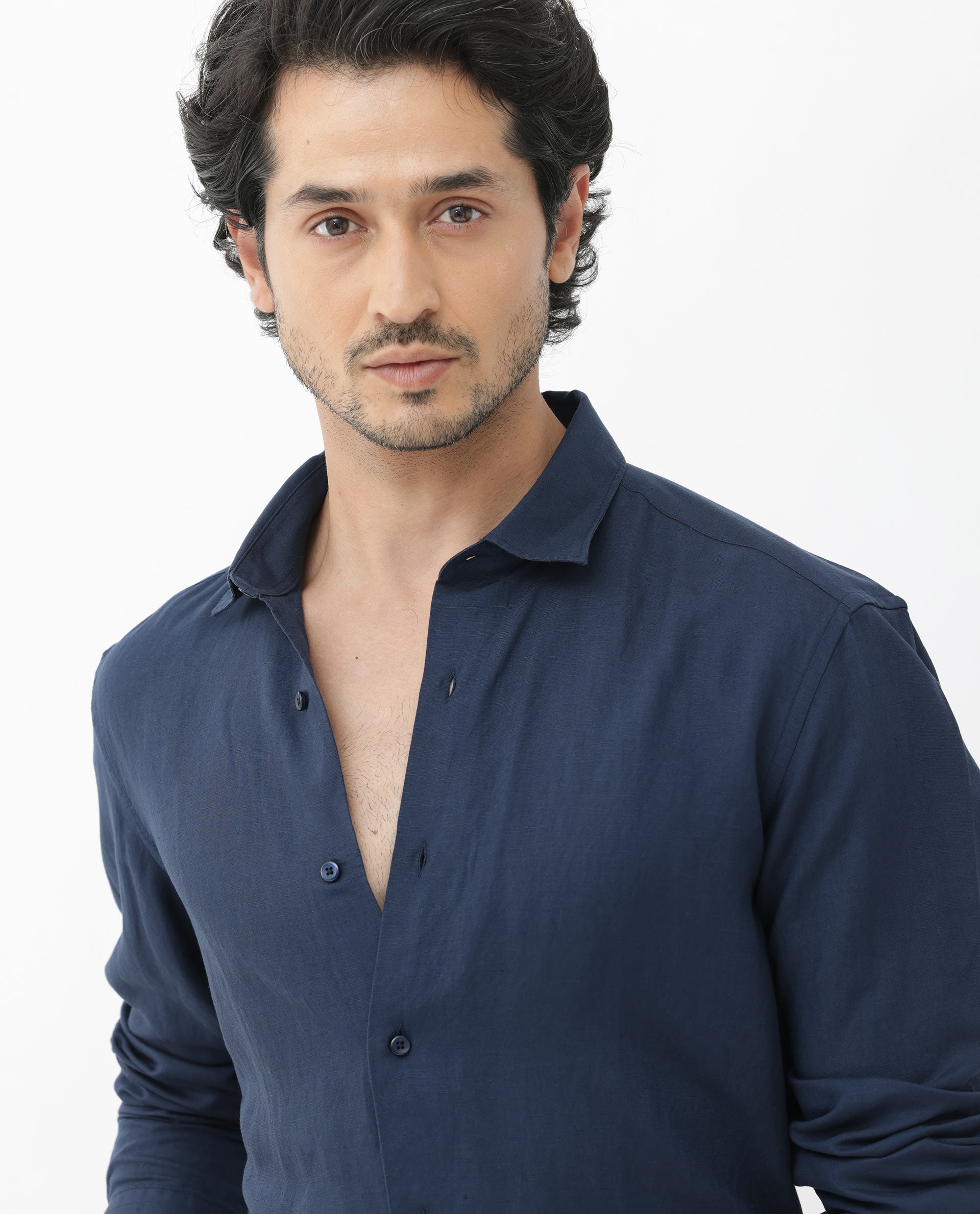 Rare Rabbit Mens Throna Navy Linen Blend Fabric Full Sleeve Solid Shirt