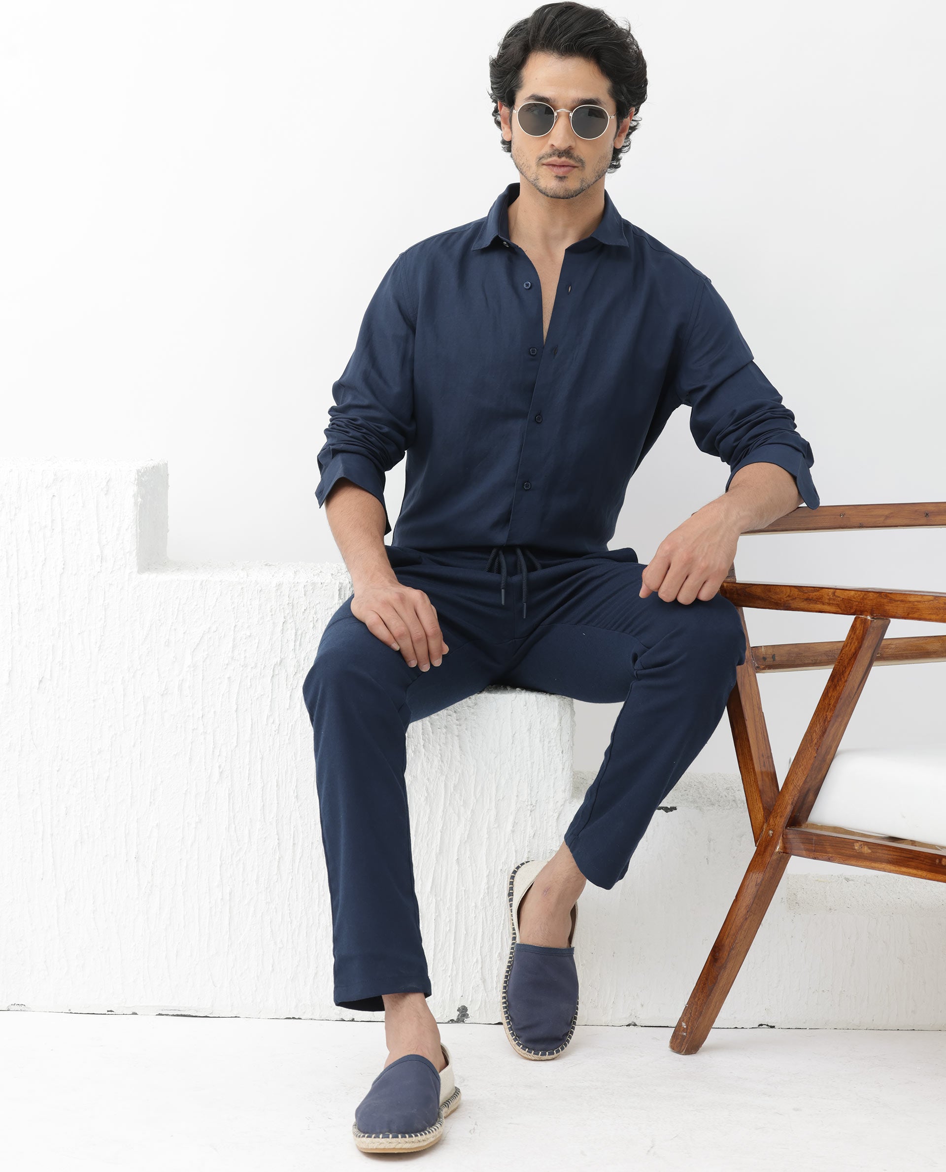 Rare Rabbit Mens Throna Navy Linen Blend Fabric Full Sleeve Solid Shirt