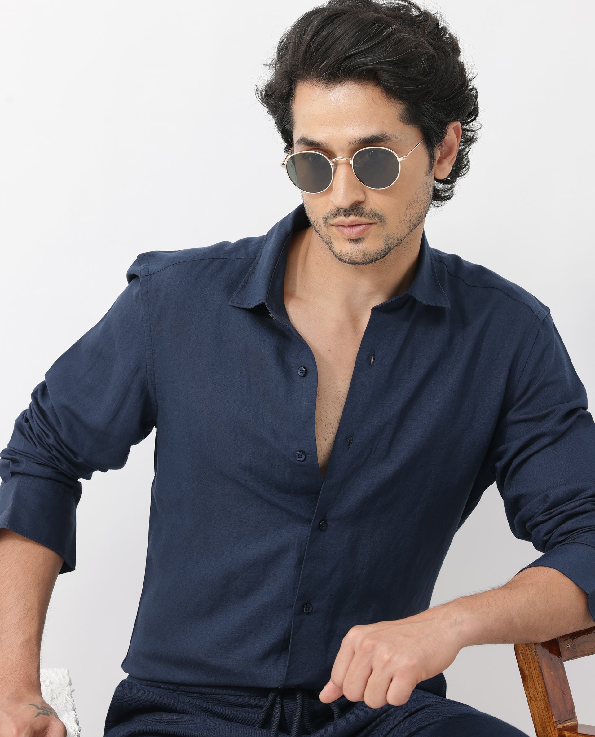 Rare Rabbit Mens Throna Navy Linen Blend Fabric Full Sleeve Solid Shirt