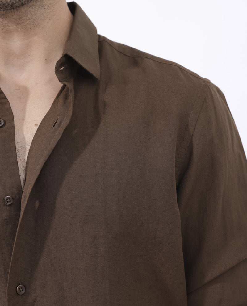 Rare Rabbit Mens Throna Brown Linen Blend Fabric Full Sleeve Solid Shirt