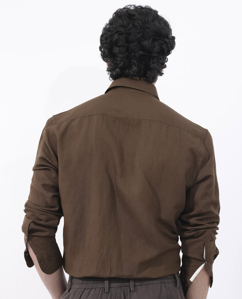 Rare Rabbit Mens Throna Brown Linen Blend Fabric Full Sleeve Solid Shirt
