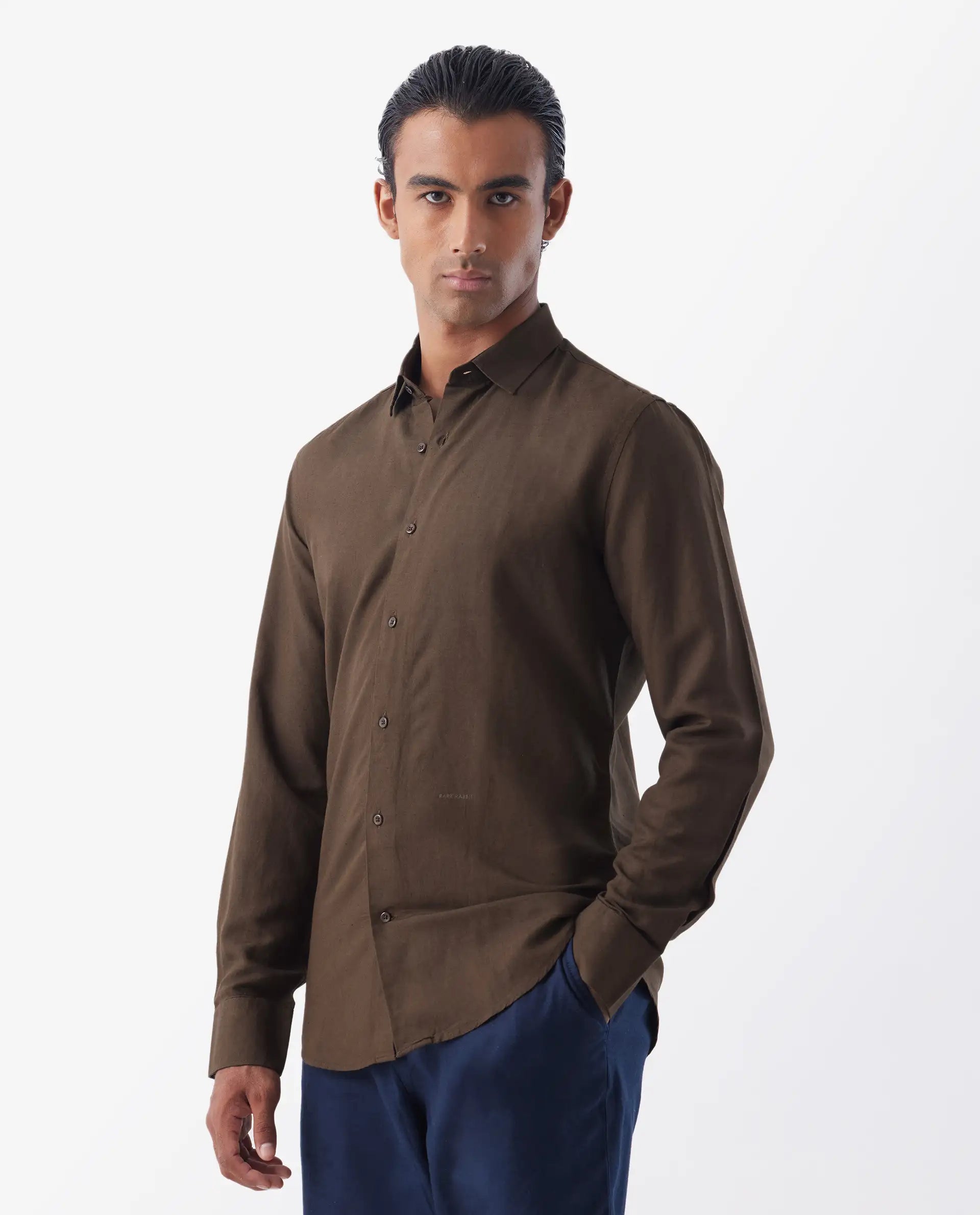 Rare Rabbit Men's Throna Brown Linen Blend Plain Regular Fit Full Sleeve Collared Shirt