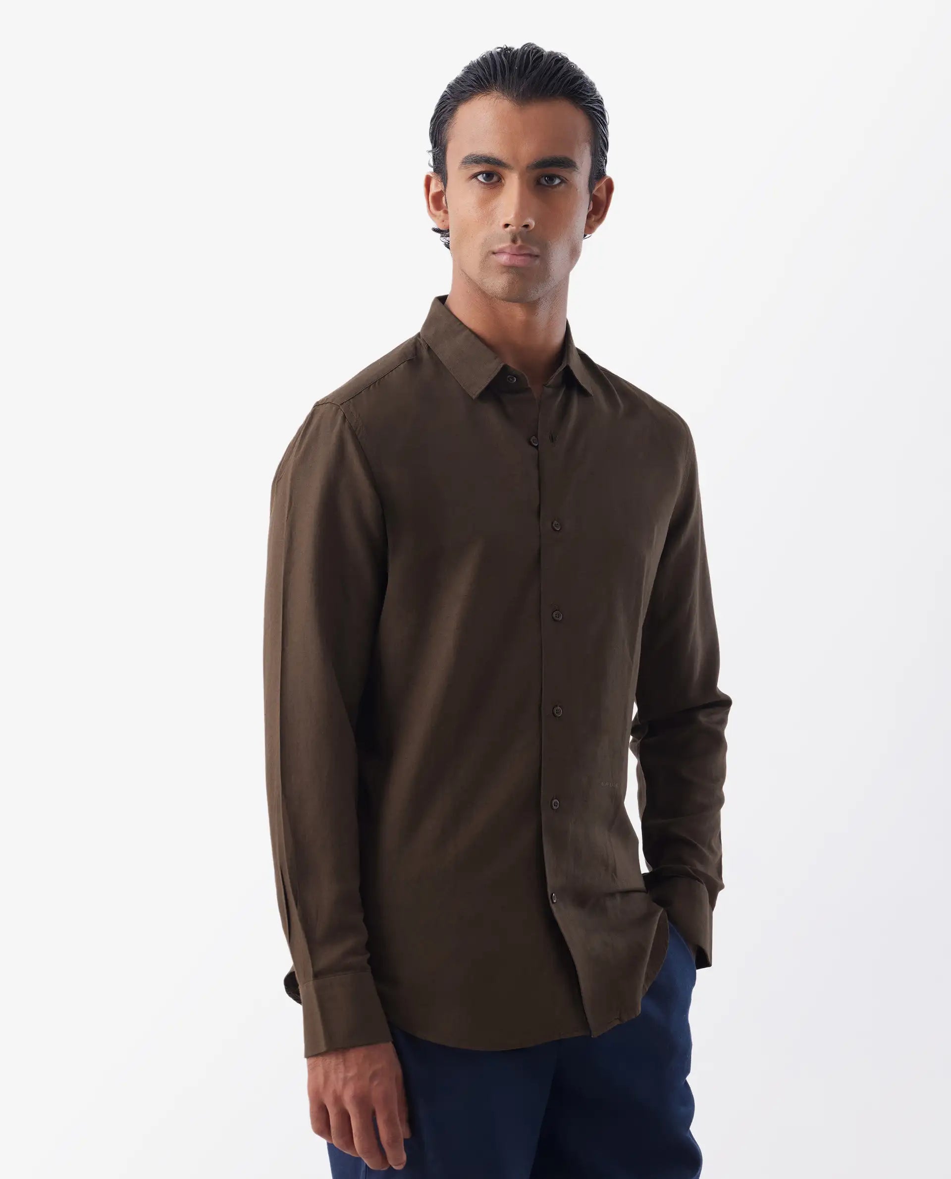 Rare Rabbit Men's Throna Brown Linen Blend Plain Regular Fit Full Sleeve Collared Shirt