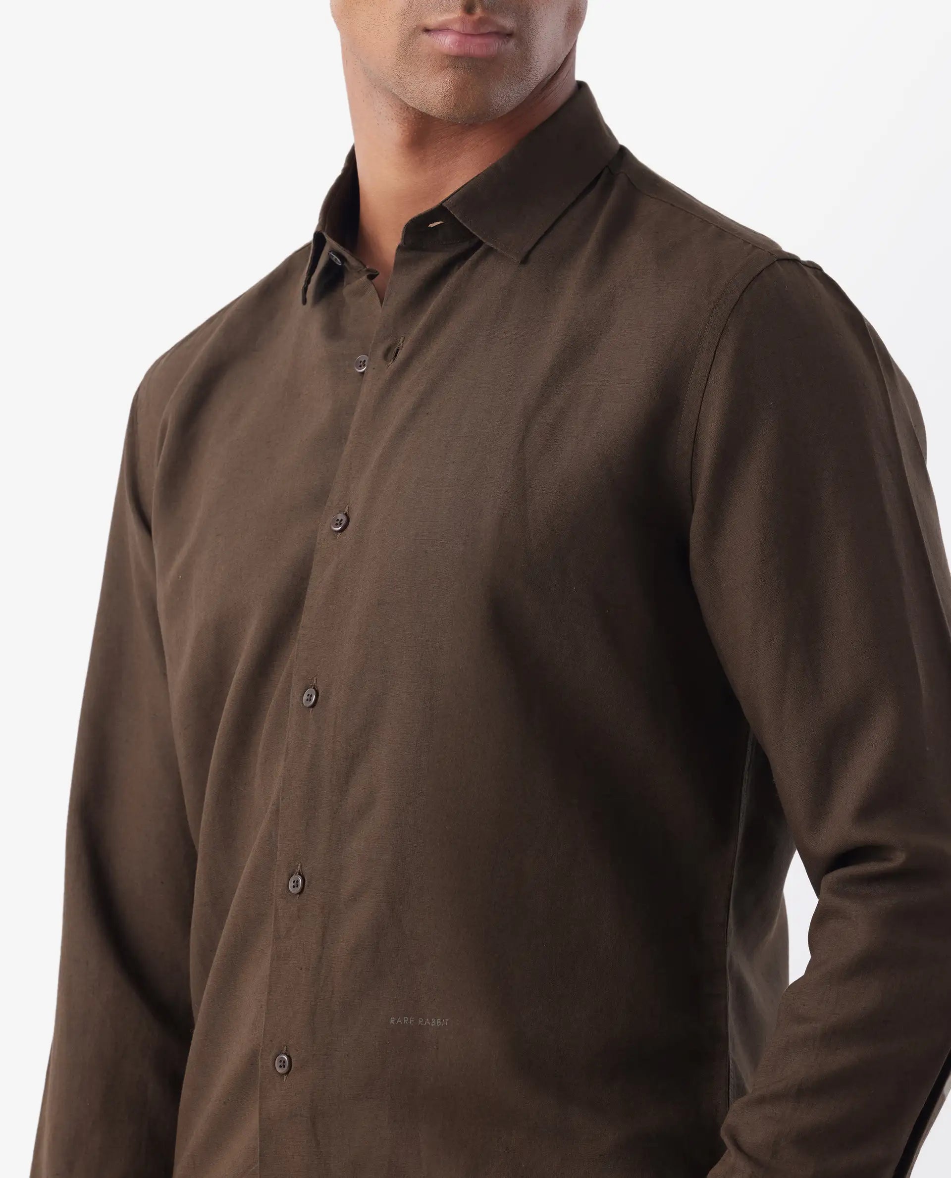 Rare Rabbit Men's Throna Brown Linen Blend Plain Regular Fit Full Sleeve Collared Shirt