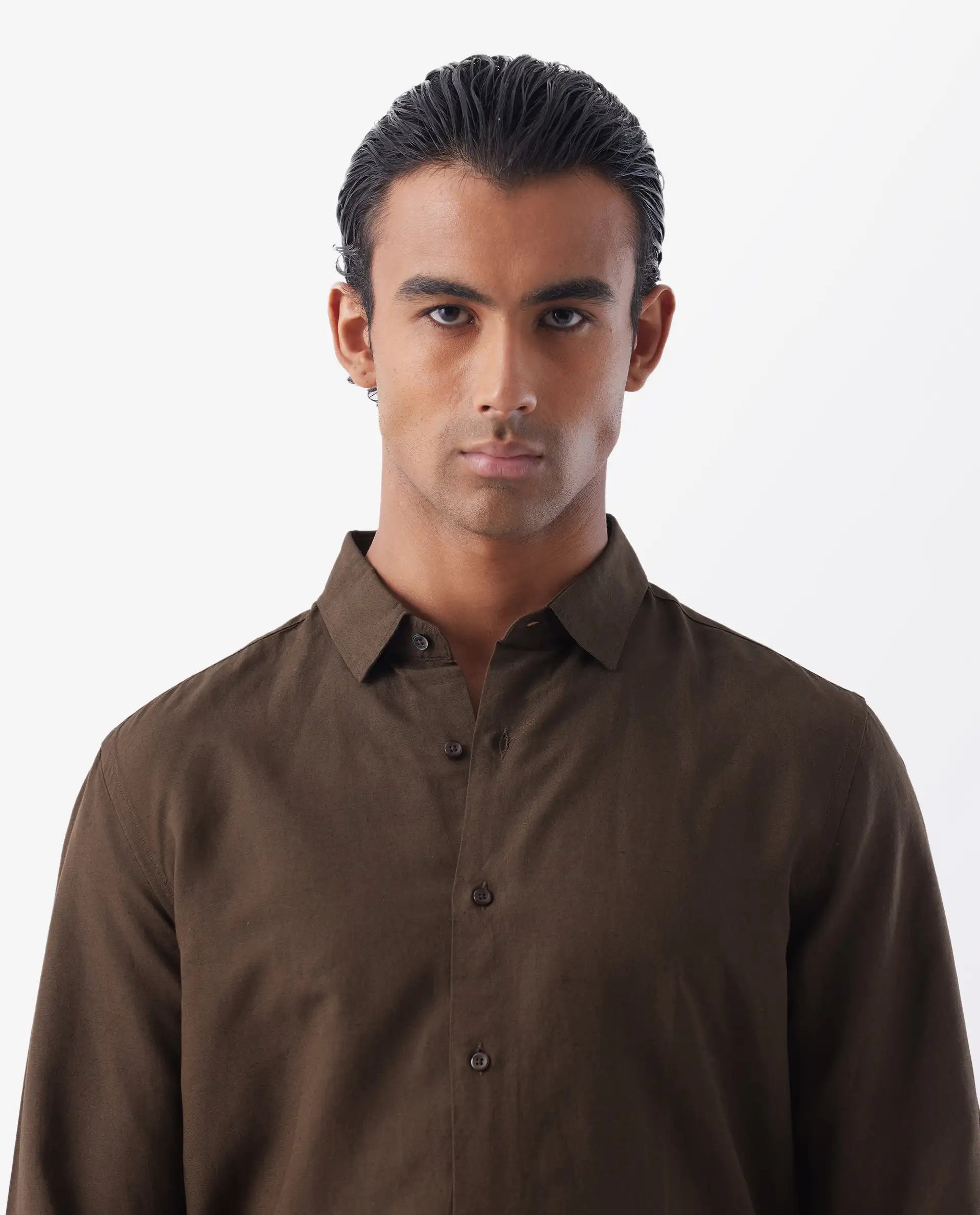 Rare Rabbit Men's Throna Brown Linen Blend Plain Regular Fit Full Sleeve Collared Shirt
