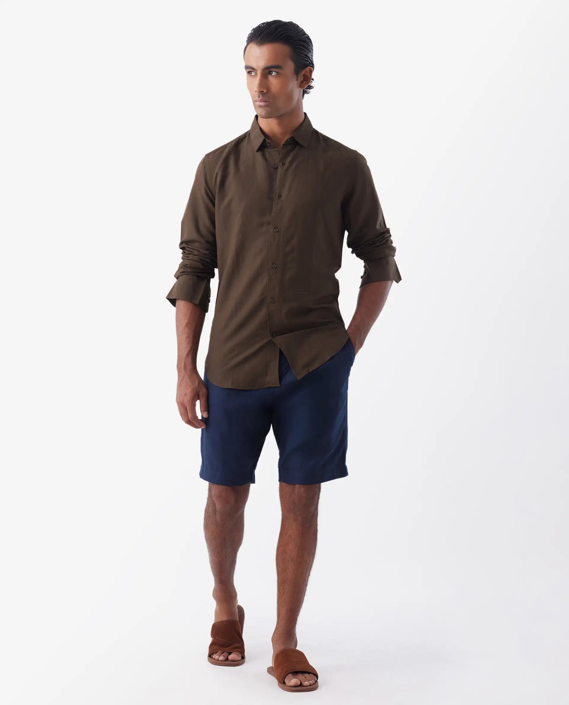 Rare Rabbit Men's Throna Brown Linen Blend Plain Regular Fit Full Sleeve Collared Shirt