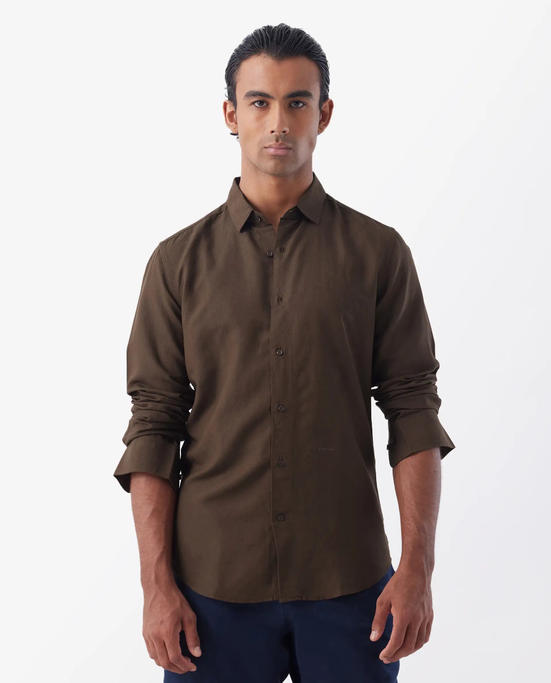 Rare Rabbit Men's Throna Brown Linen Blend Plain Regular Fit Full Sleeve Collared Shirt