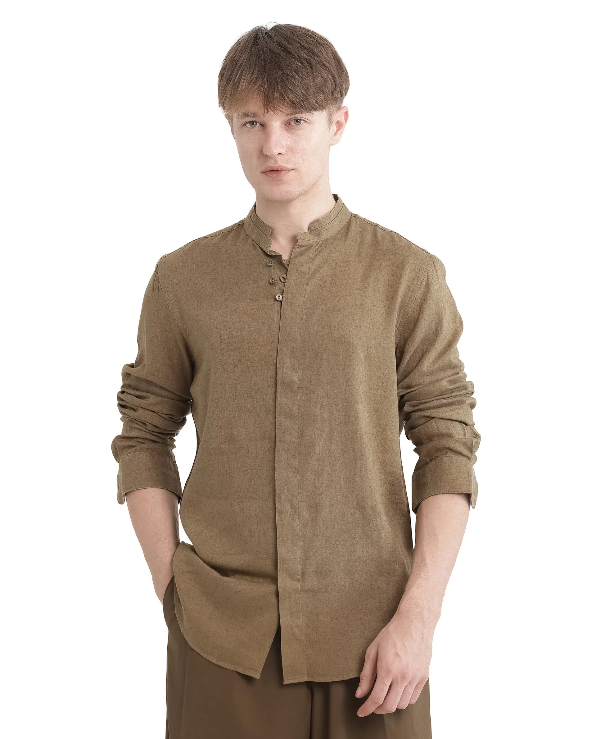 Rare Rabbit Men Throne Ls 25 Olive Lyocell Linen Fabric Full Sleeves Collared Neck Button Closure Woven Design Shirt