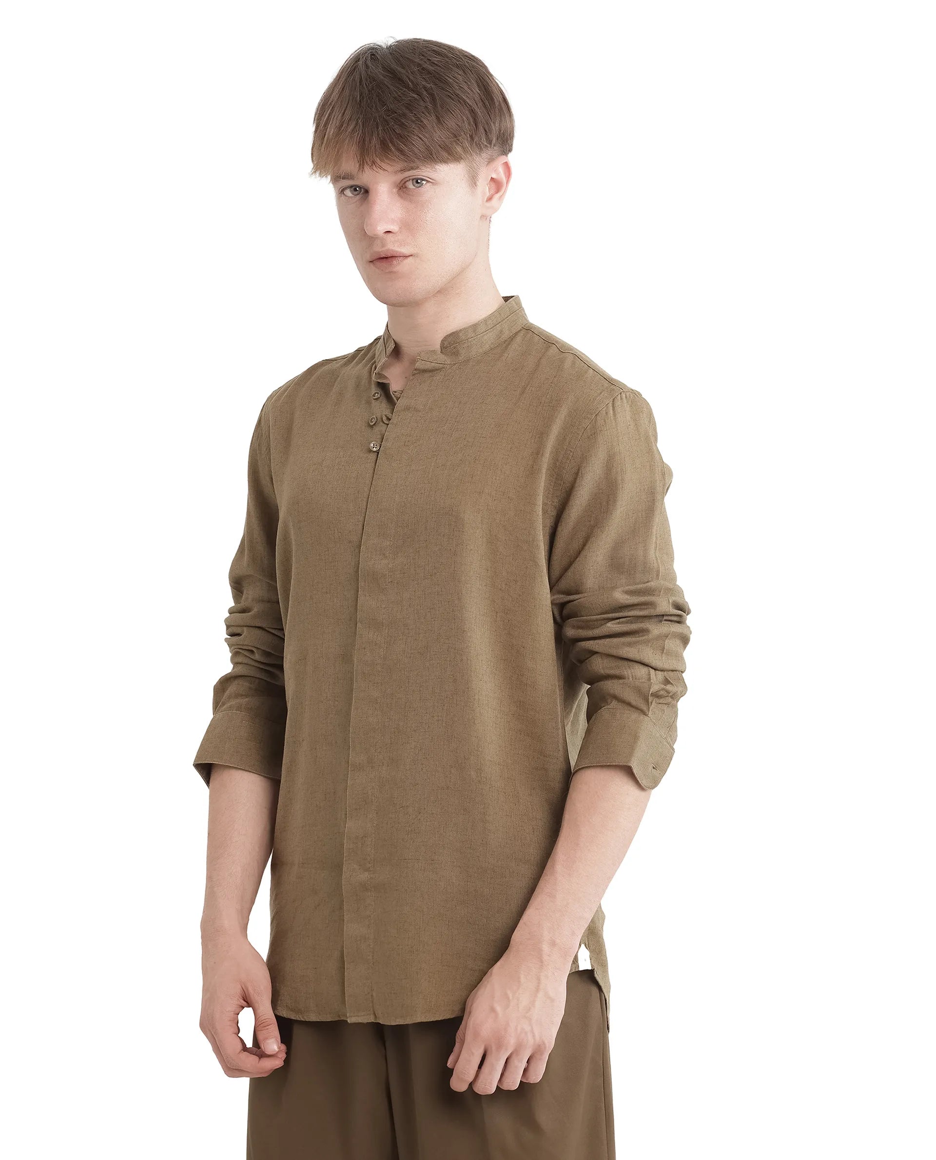 Rare Rabbit Men Throne Ls 25 Olive Lyocell Linen Fabric Full Sleeves Collared Neck Button Closure Woven Design Shirt