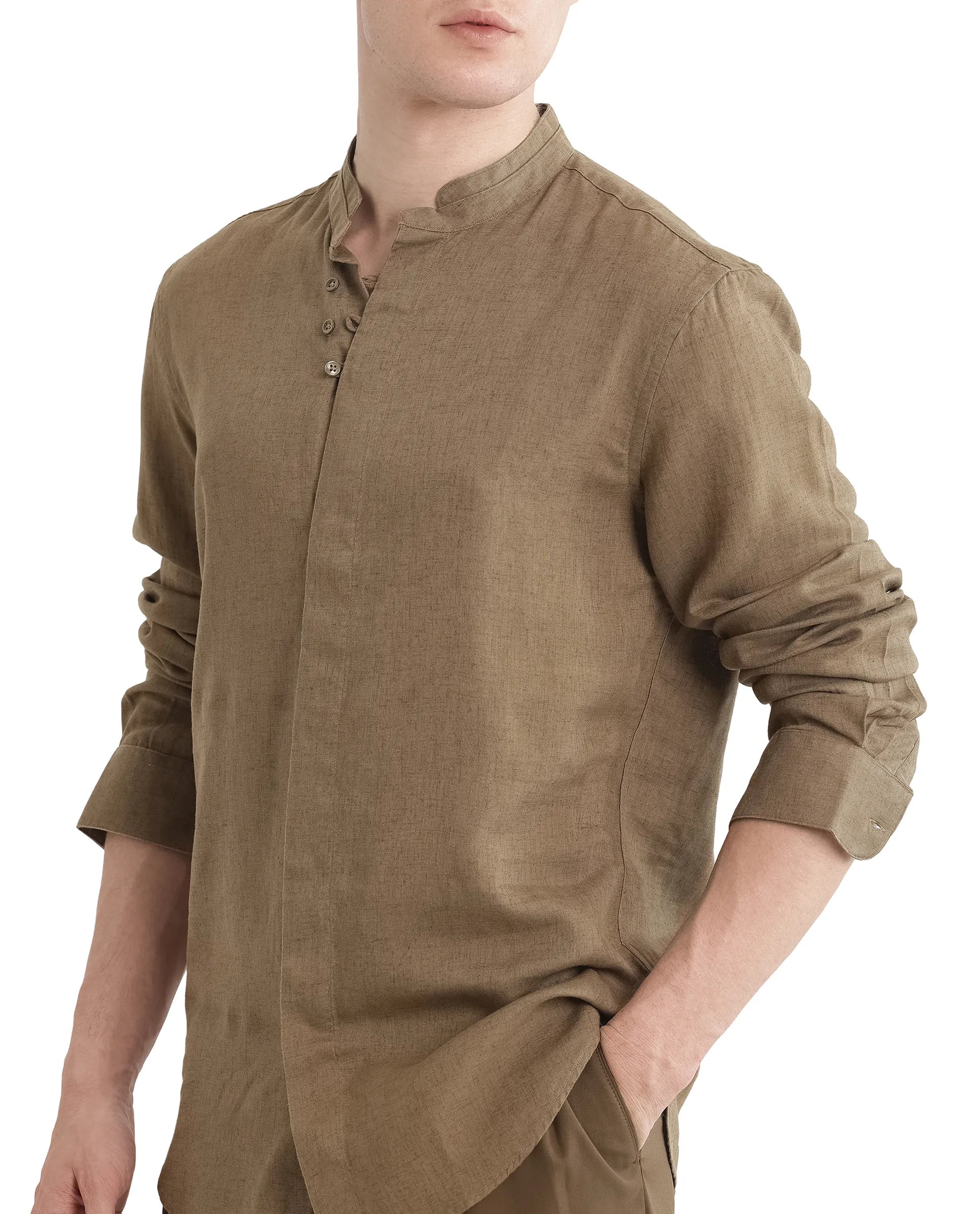 Rare Rabbit Men Throne Ls 25 Olive Lyocell Linen Fabric Full Sleeves Collared Neck Button Closure Woven Design Shirt